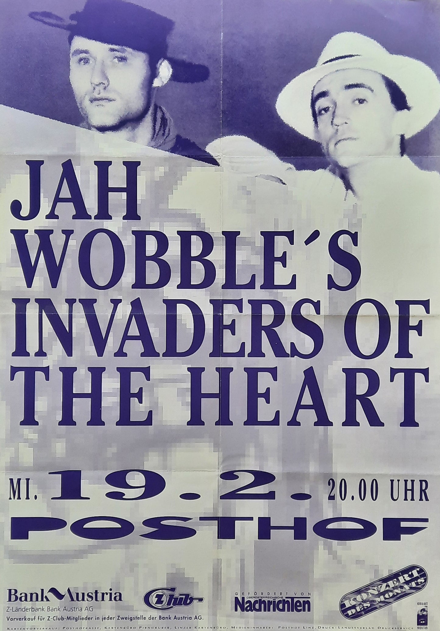 JAH WOBBLE 1990 Concert Poster Feb 19th Linz Austria 1st print