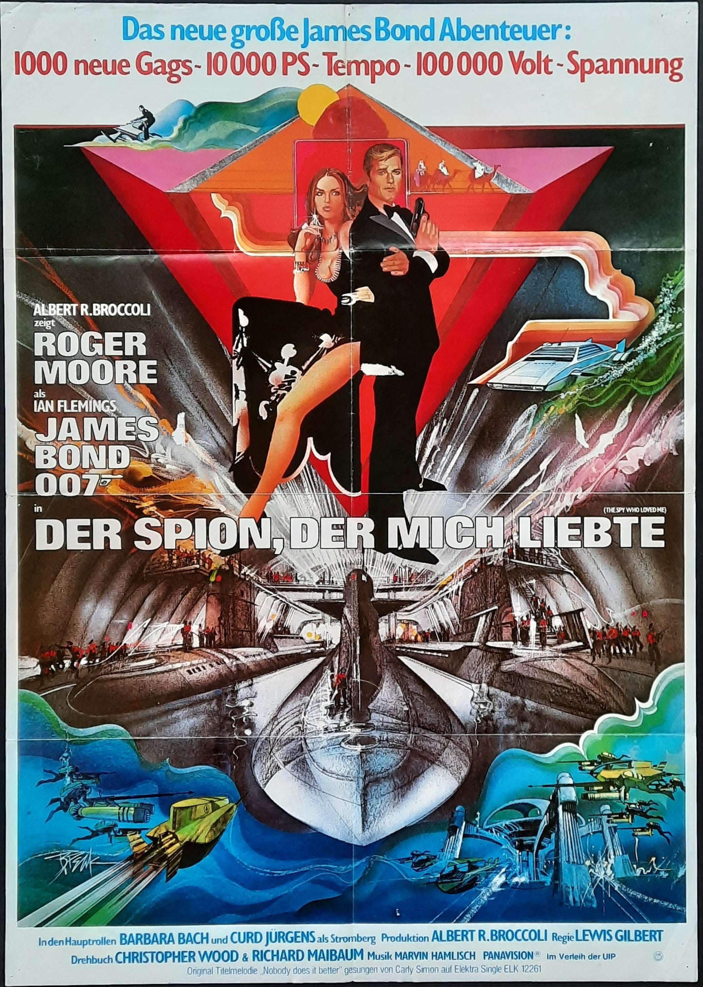 JAMES BOND "The Spy Who Loved Me" R-1980s (1977) Poster Roger Moore Barbara Bach Curd Jürgens German 1-Sheet Movie Poster 23 x 33