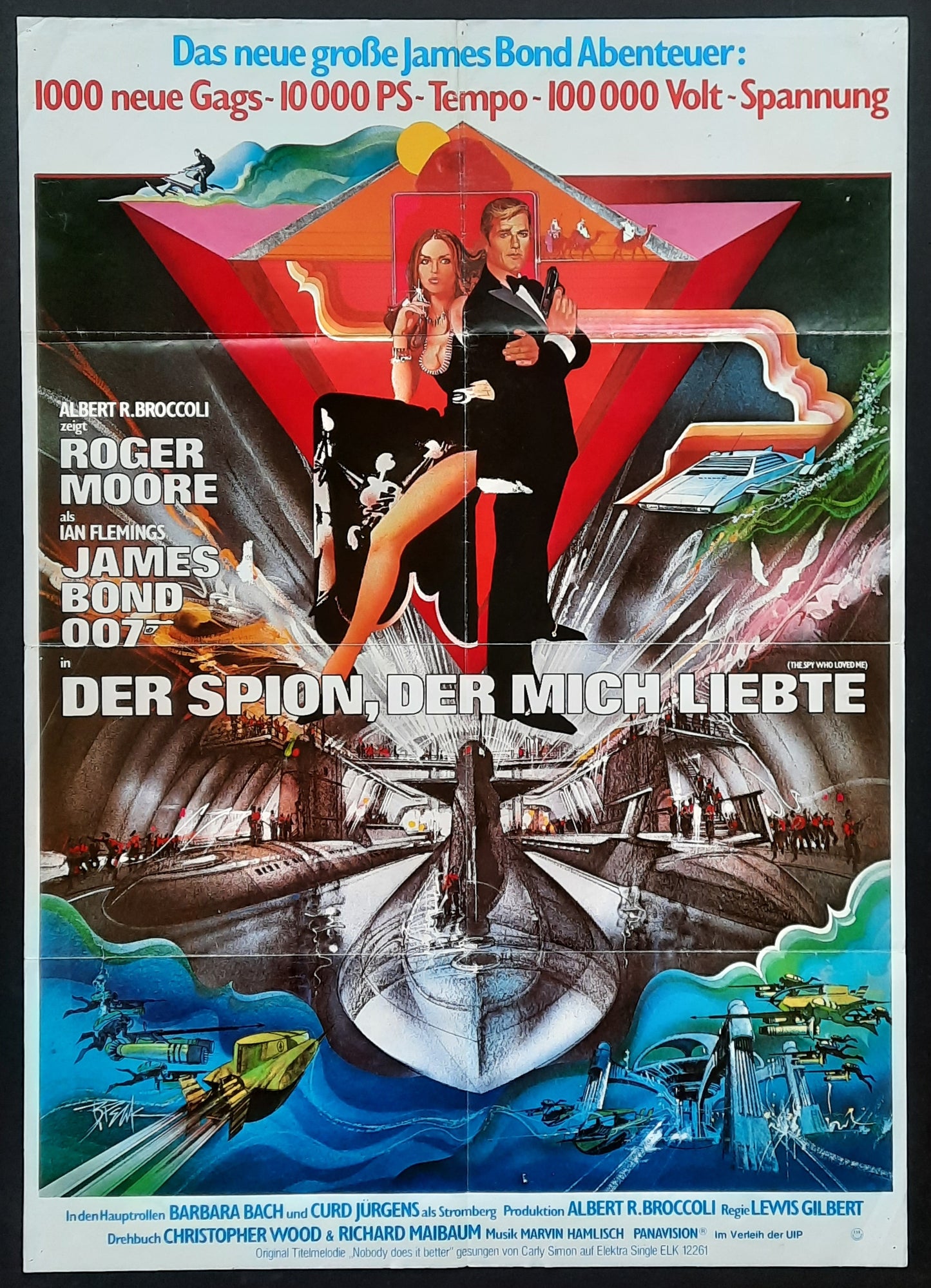 JAMES BOND "The Spy Who Loved Me" R-1980s (1977) Poster Roger Moore Barbara Bach Curd Jürgens German 1-Sheet Movie Poster 23 x 33