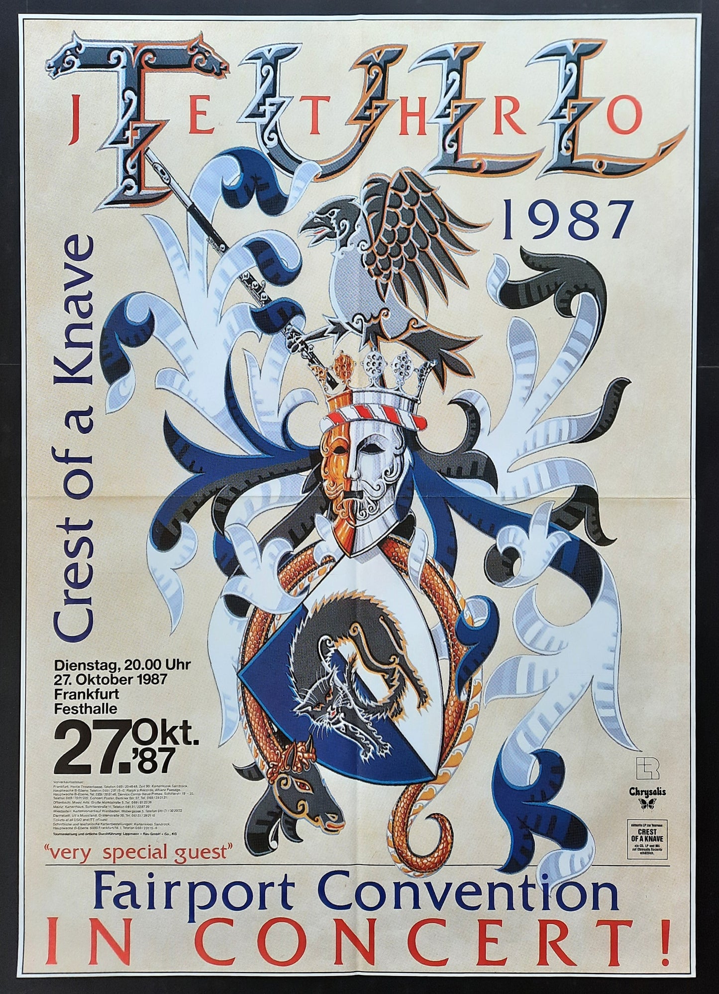 JETHRO TULL 1987 Concert Poster Oct 27th Frankfurt Germany 1st print! SUBWAY POSTER