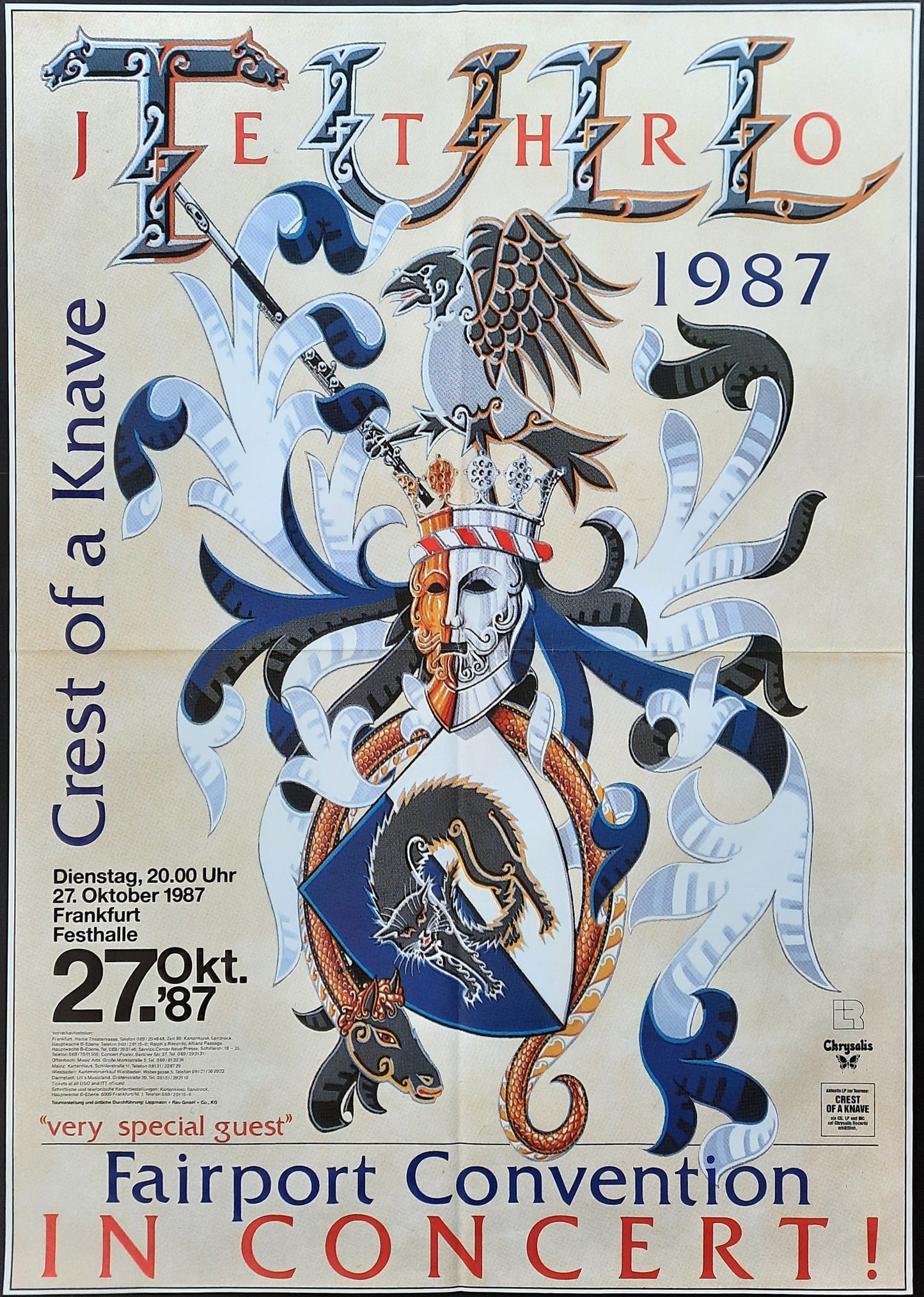 JETHRO TULL 1987 Concert Poster Oct 27th Frankfurt Germany 1st print! SUBWAY POSTER