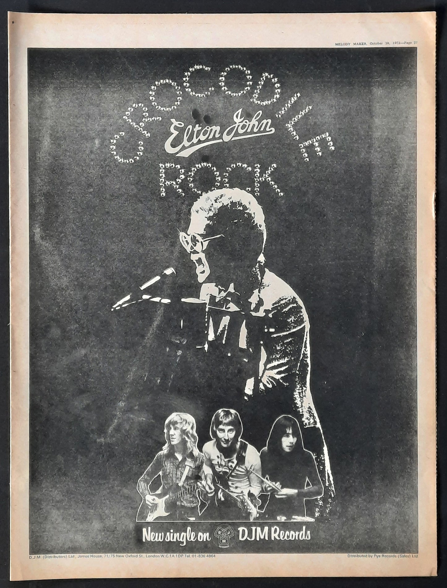 ELTON JOHN 1972 Poster/Press Ad Single "Crocodile Rock"