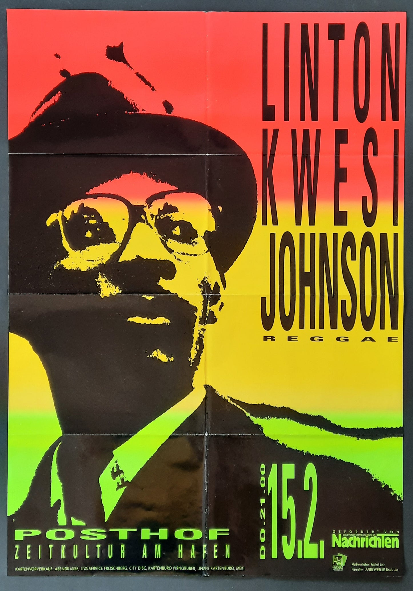 LINTON KWESI JOHNSON 1990 Concert Poster Feb 15th Linz Austria 1st print