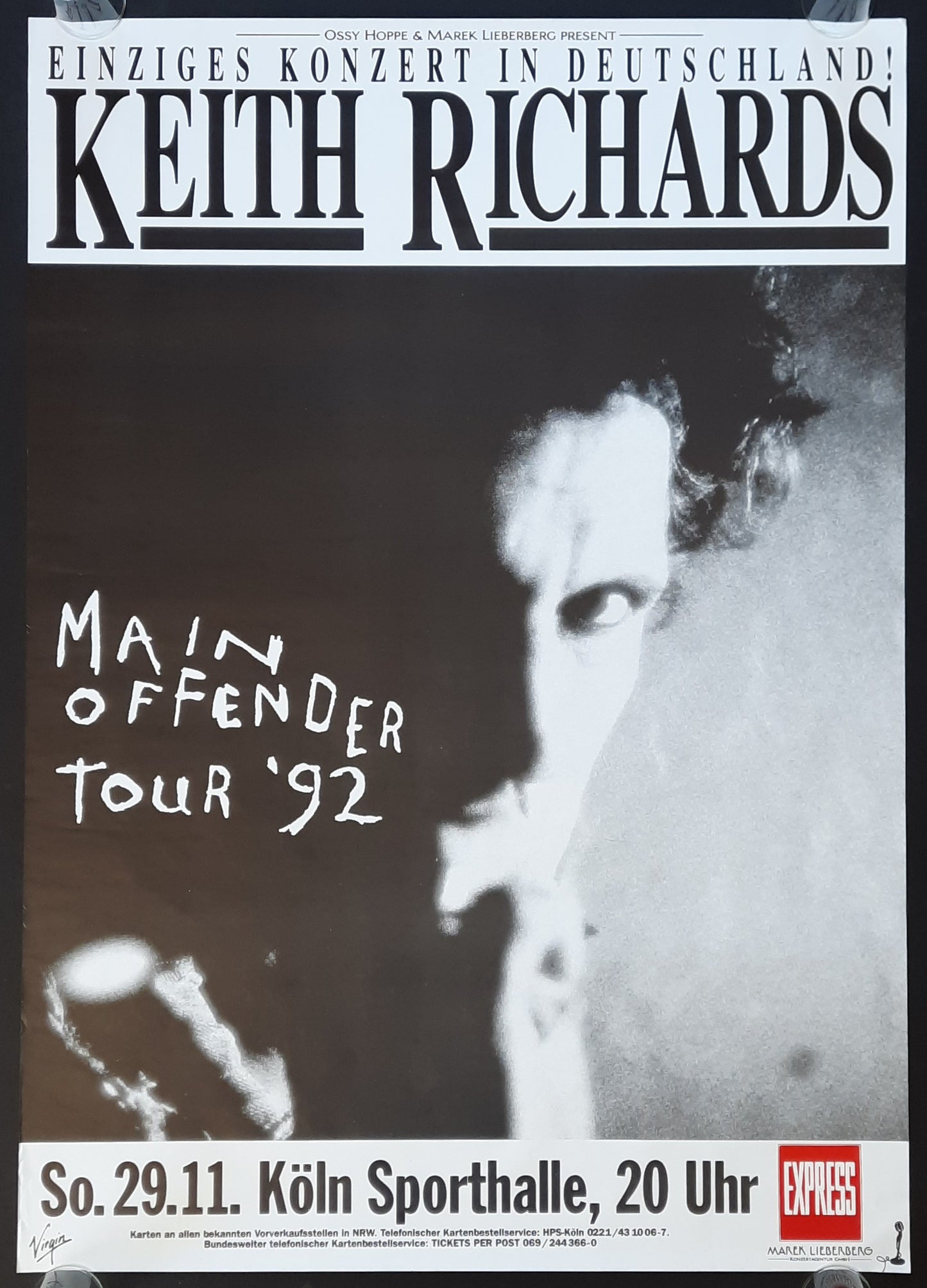 KEITH RICHARDS 1992 Original Concert Poster - November 29, Cologne Germany