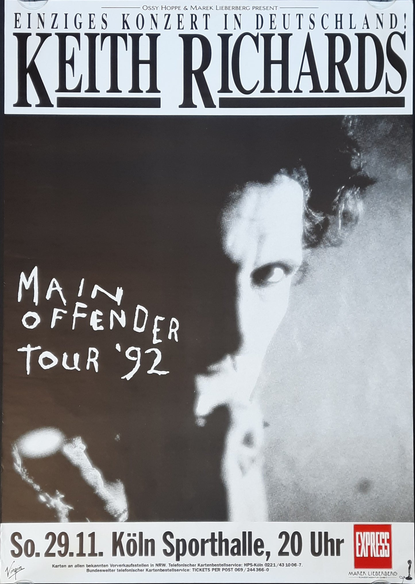 KEITH RICHARDS 1992 Original Concert Poster - November 29, Cologne Germany