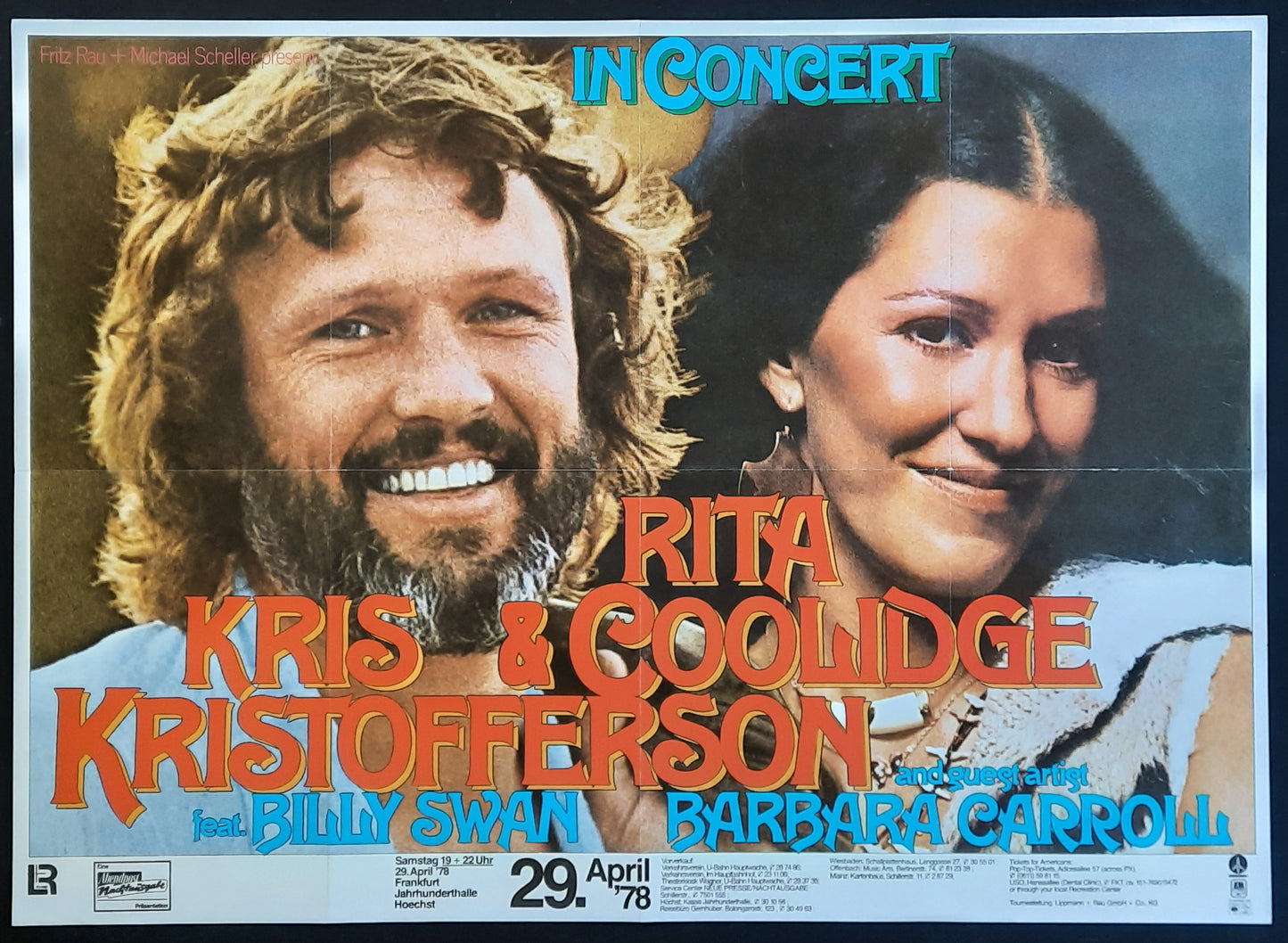 KRIS KRISTOFFERSON & RITA COOLIDGE Original Concert Poster April 29, 1978 Frankfurt Germany