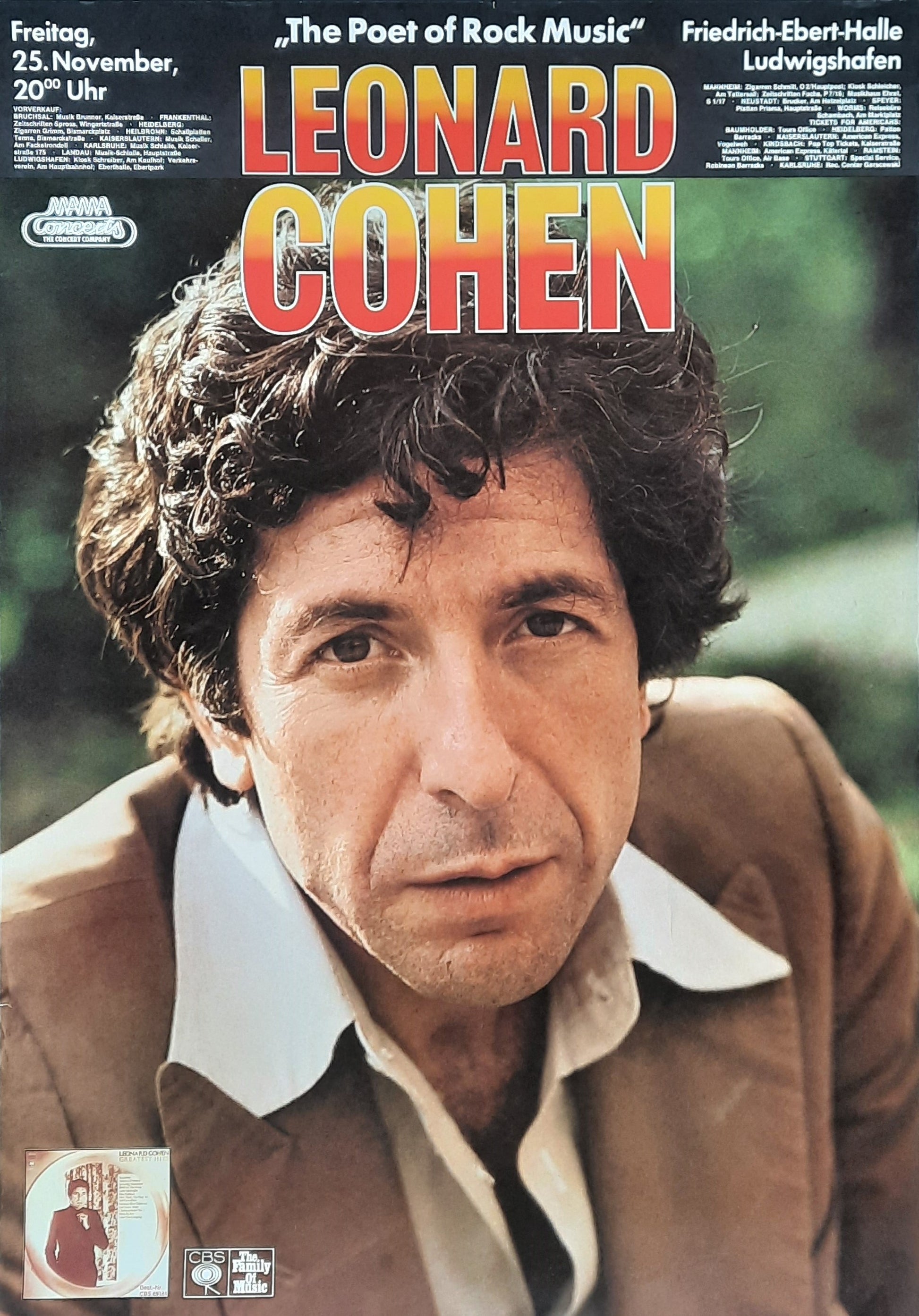 LEONARD COHEN Original Concert Poster November 25, 1977 Ludwigshafen Germany