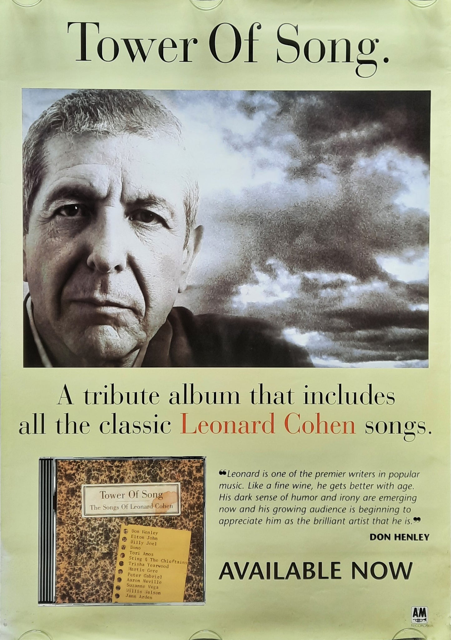LEONARD COHEN 1994 Promotion Poster Album "Tower Of Song" 1st Print