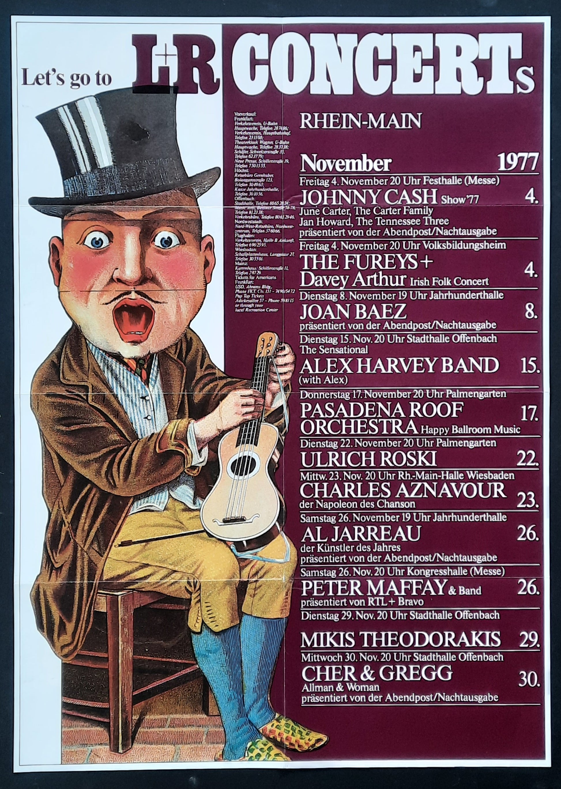 L&R CONCERTS 1977 Original Concert Poster by Kieser, CASH BAEZ JARREAU