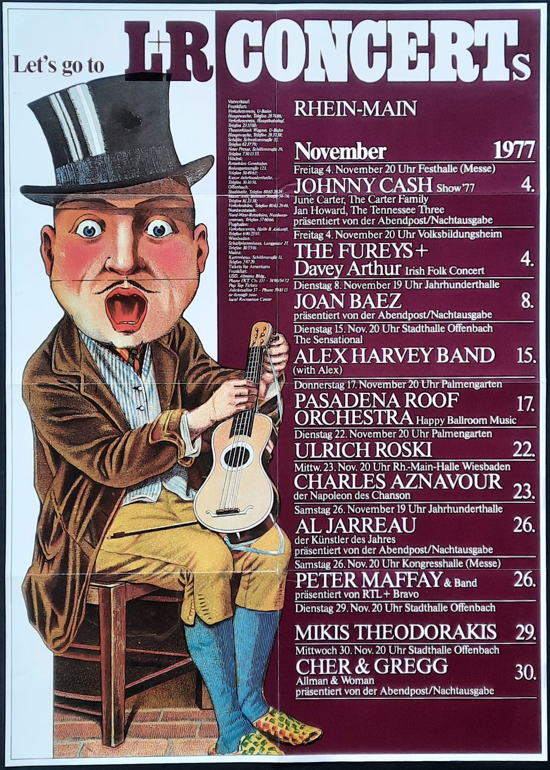L&R CONCERTS 1977 Original Concert Poster by Kieser, CASH BAEZ JARREAU 1