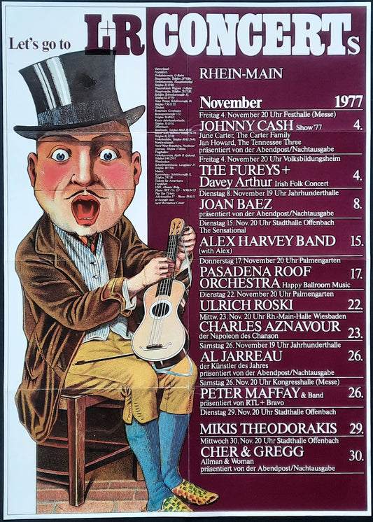L&R CONCERTS 1977 Original Concert Poster by Kieser, CASH BAEZ JARREAU 1
