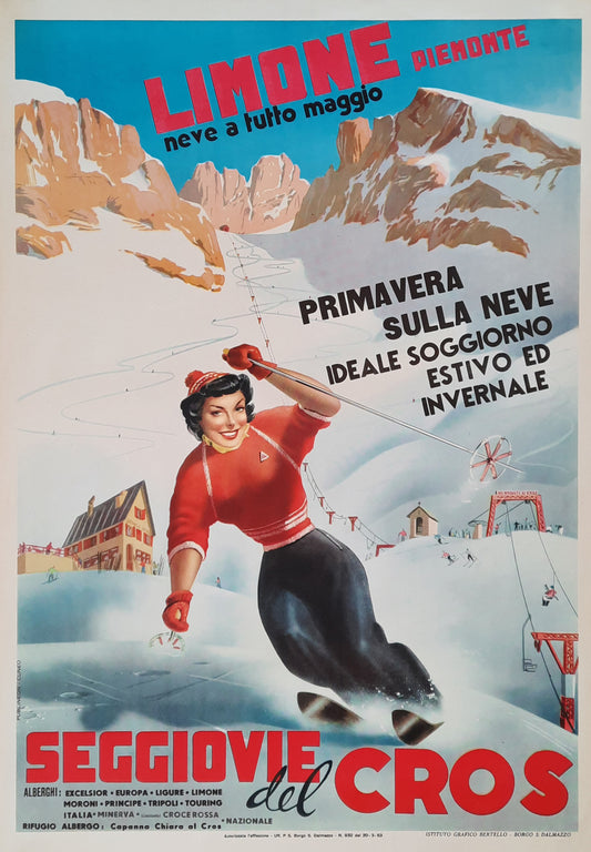 LIMONE PIEMONTE 1953 Poster by Carlo Prandoni Ski Travel Italy Original 27 x 39 inch