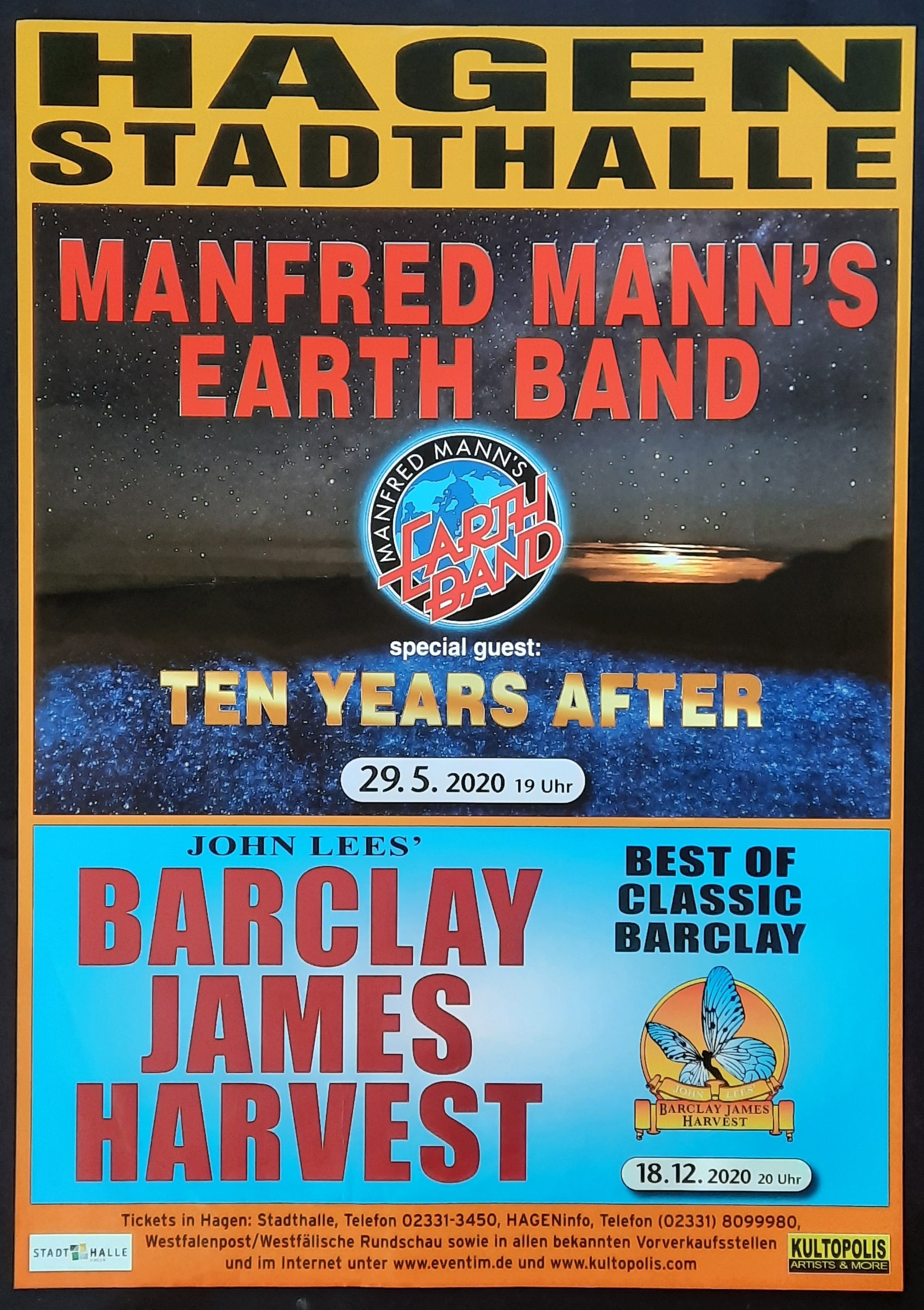 MANFRED MANN'S EARTHBAND Original Concert Poster May 29, 2020 Hagen Germany