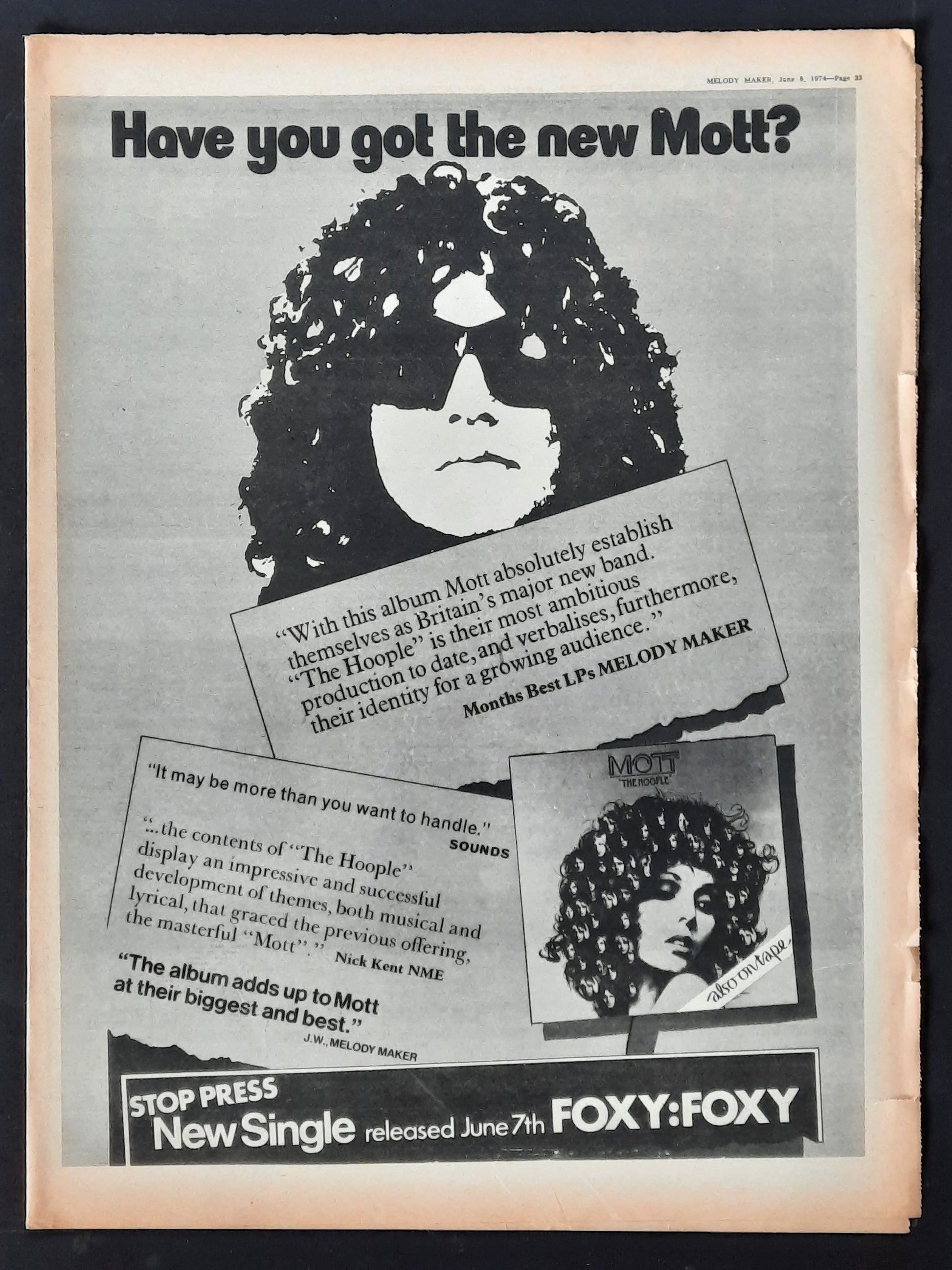 MOTT THE HOOPLE 1974 Poster/Press Ad Album "The Hoople" 2