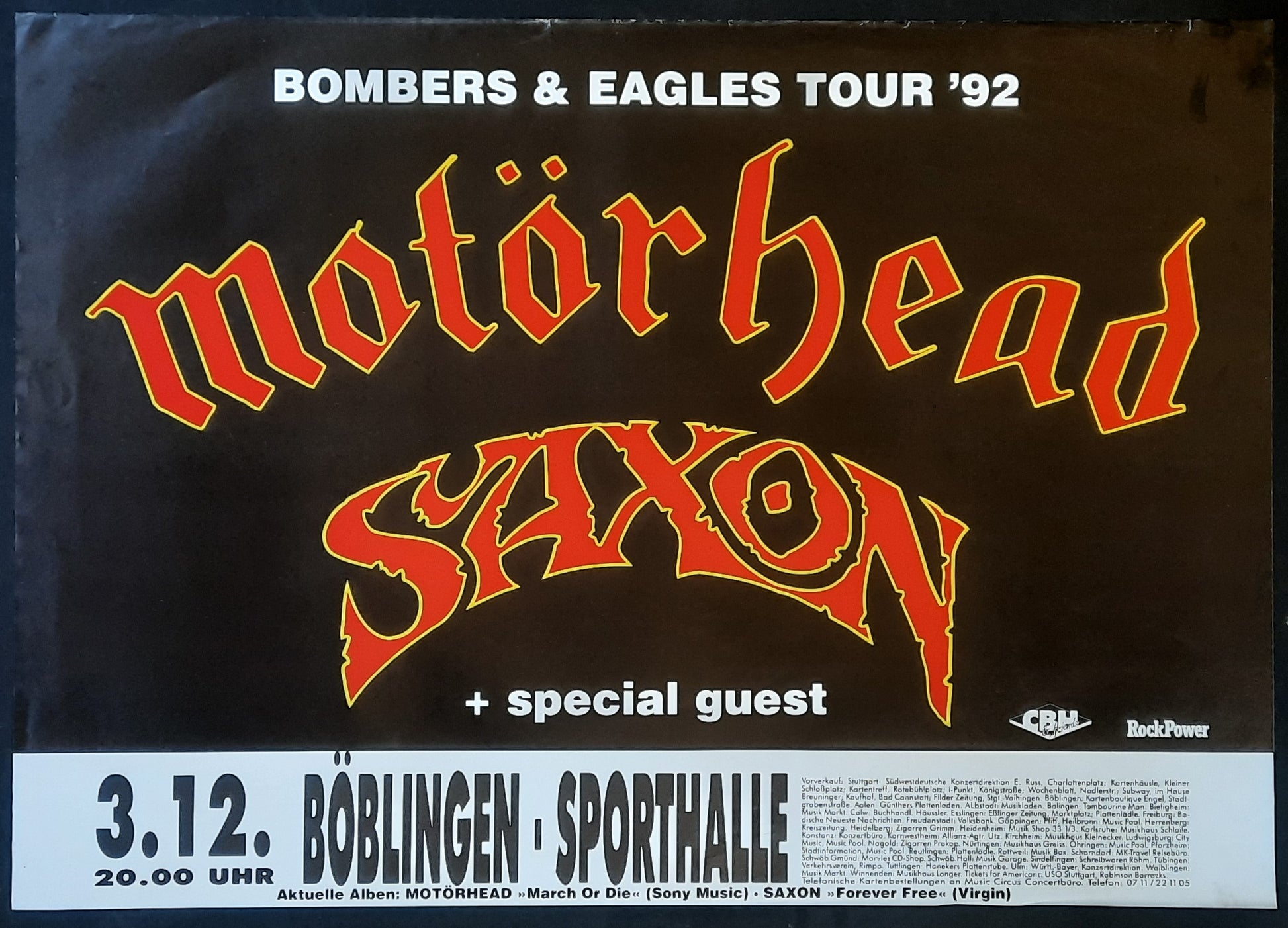 MOTÖRHEAD - SAXON Original Concert Poster December 3, 1992 Böblingen Germany