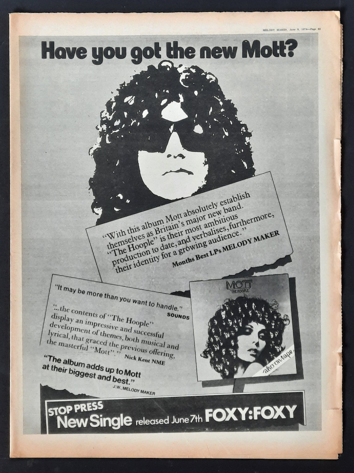 MOTT THE HOOPLE 1974 Poster/Press Ad Album "The Hoople"