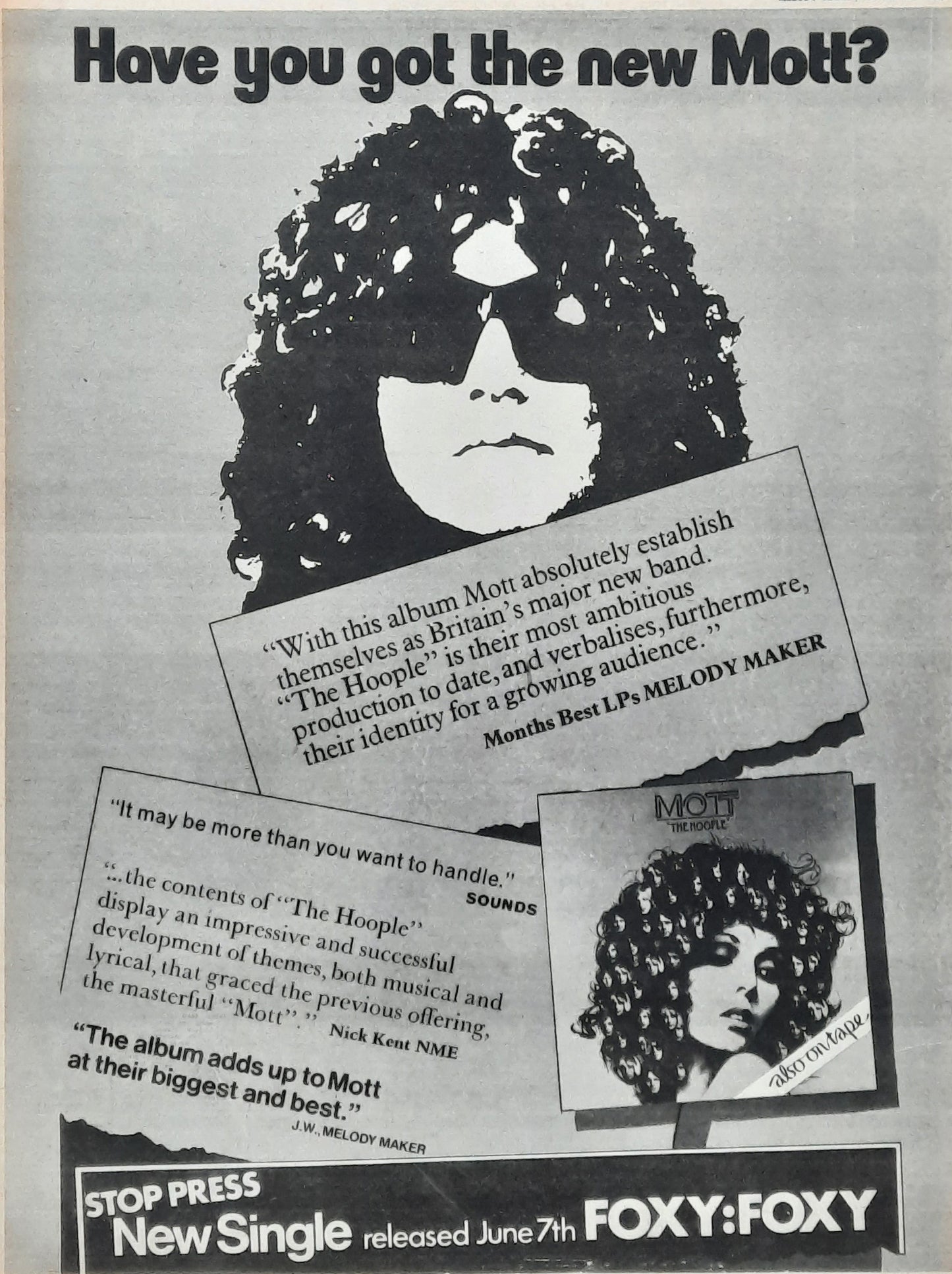 MOTT THE HOOPLE 1974 Poster/Press Ad Album "The Hoople"