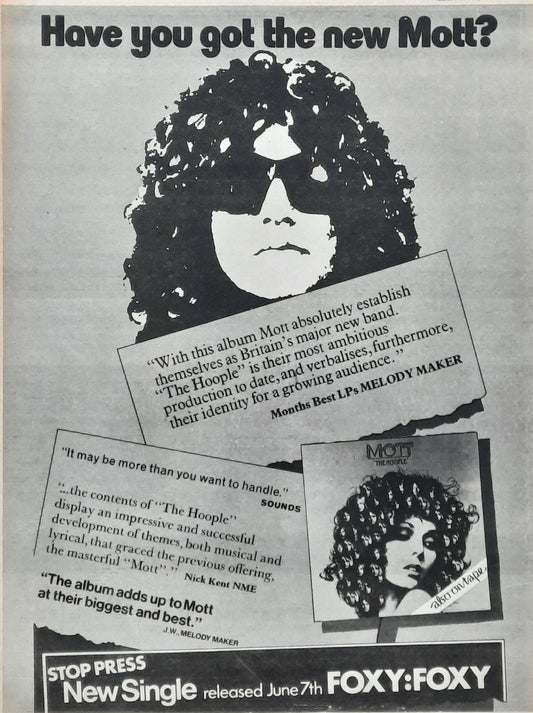 MOTT THE HOOPLE 1974 Poster/Press Ad Album "The Hoople"