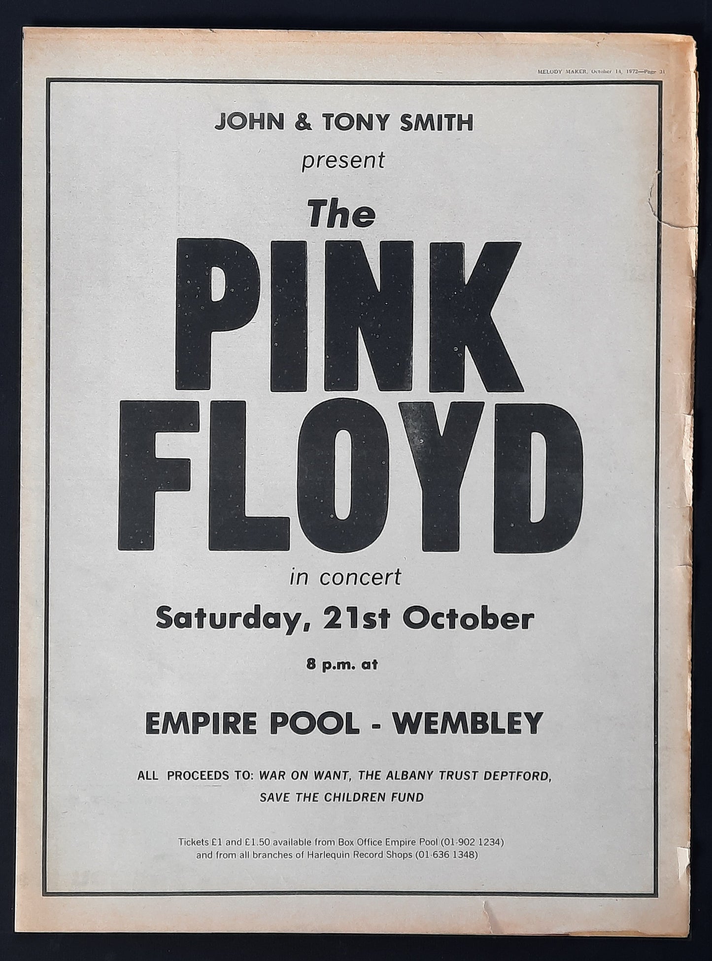 PINK FLOYD 1972 Original Poster/Press Ad Concert "Empire Pool - Wembley" ICONIC!!! 2
