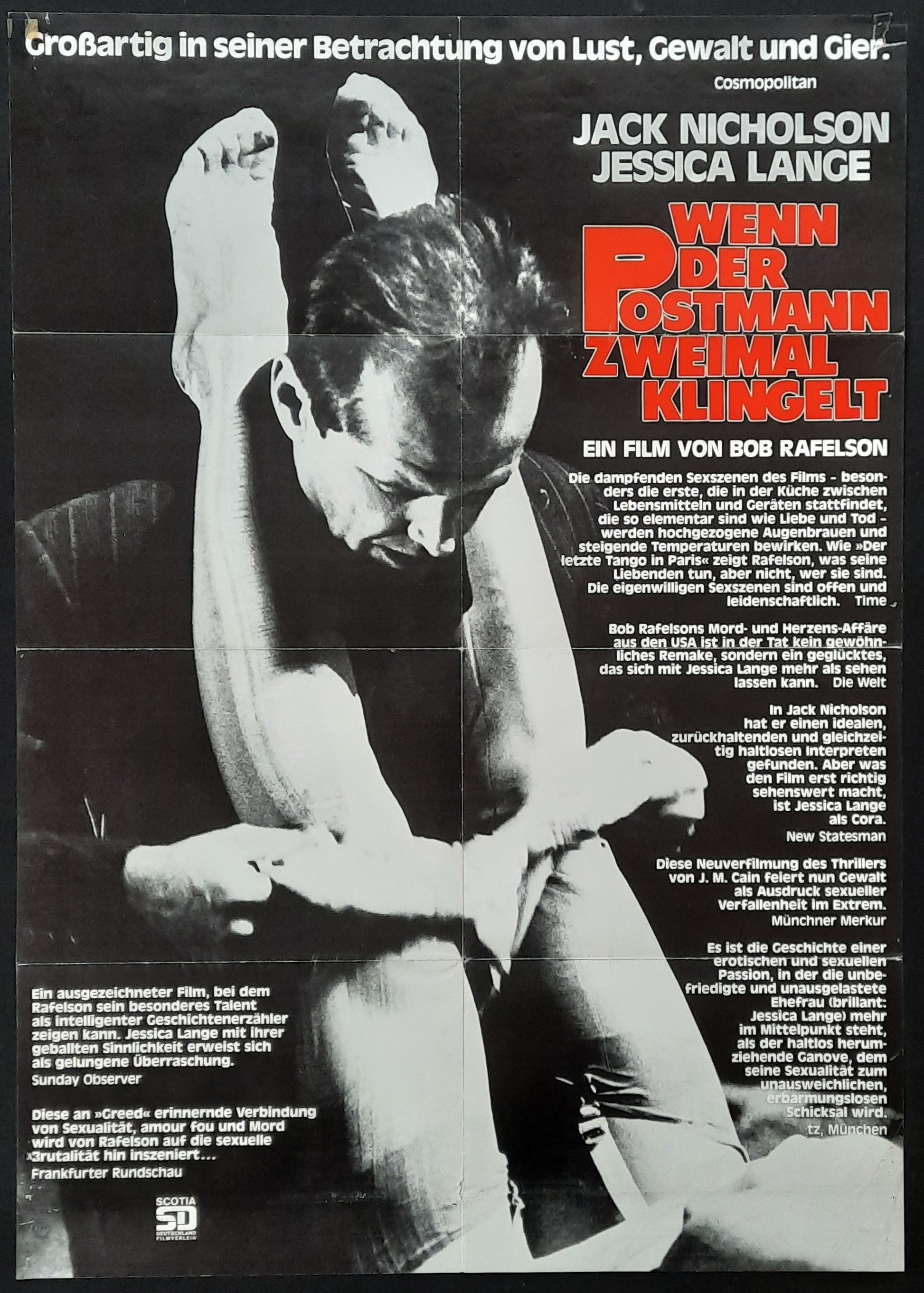 POSTMAN ALWAYS RINGS TWICE Original Movie Poster 1981  Jack Nocholsen Jessica Lange German 1-Sheet Poster