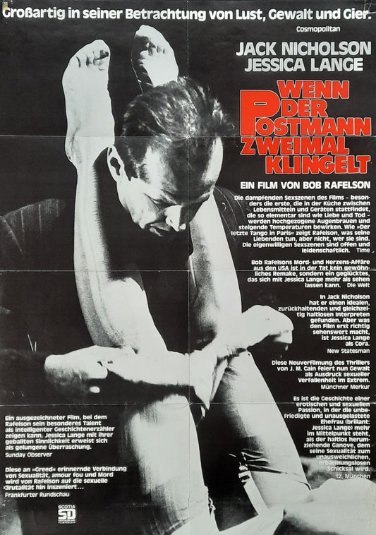 POSTMAN ALWAYS RINGS TWICE Original Movie Poster 1981  Jack Nocholsen Jessica Lange German 1-Sheet Poster