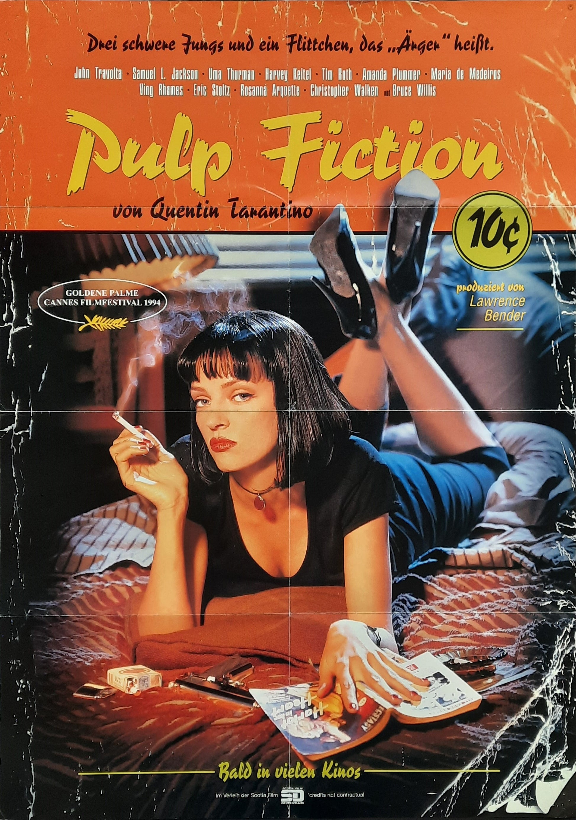 PULP FICTION Original Recalled Lucky Strike Teaser Poster Quentin Tarantino Uma Thurman John Travolta German 1-Sheet-Movie-Poster 1994