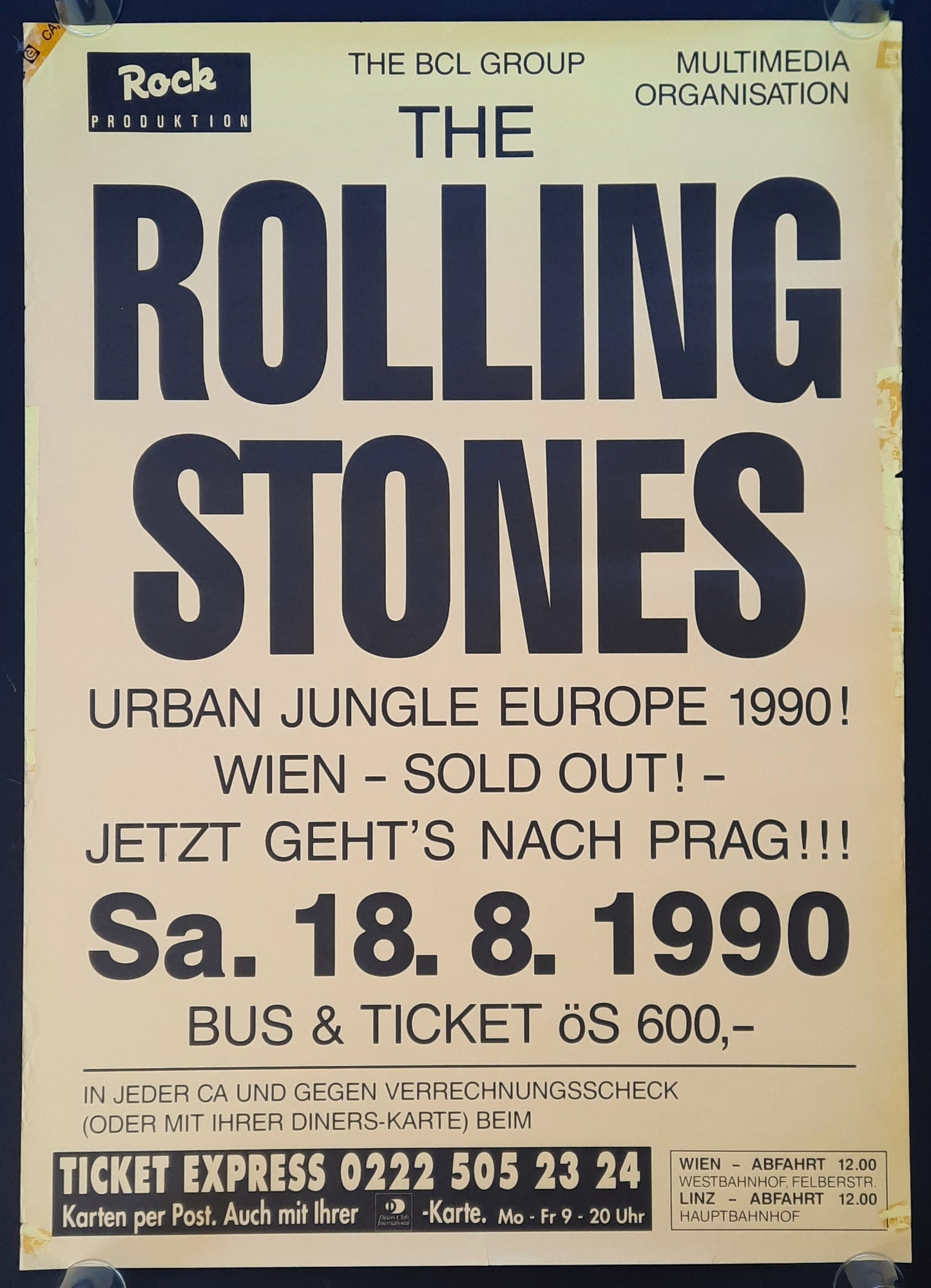ROLLING STONES 1990 Original Concert Poster - August 8, Prague Czechoslovakia