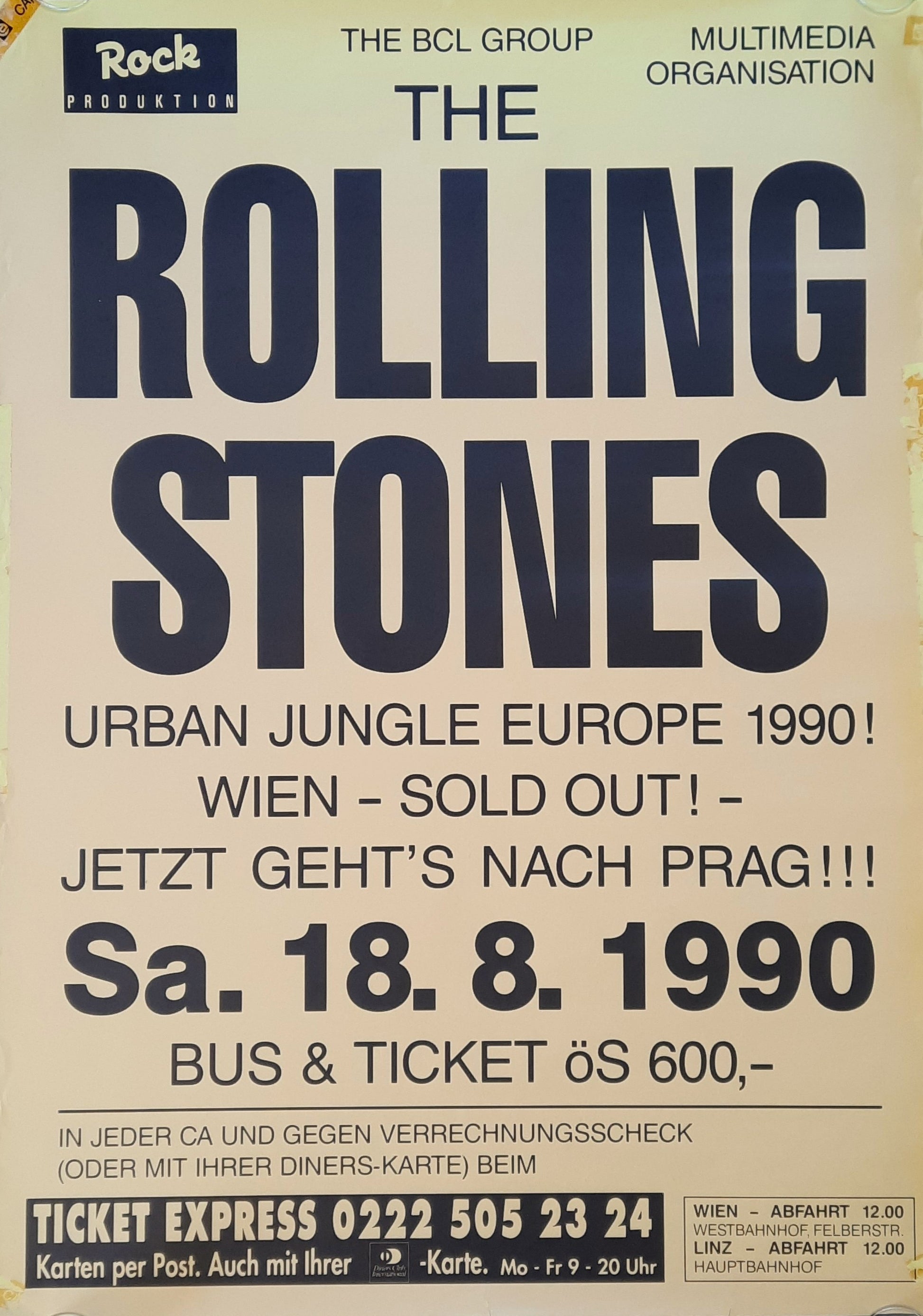 ROLLING STONES 1990 Original Concert Poster - August 8, Prague Czechoslovakia