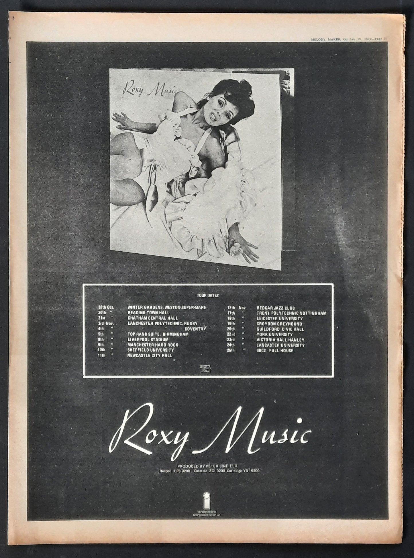 ROXY MUSIC Original Poster/Press Ad UK Tour 1972 "1st Album" 2