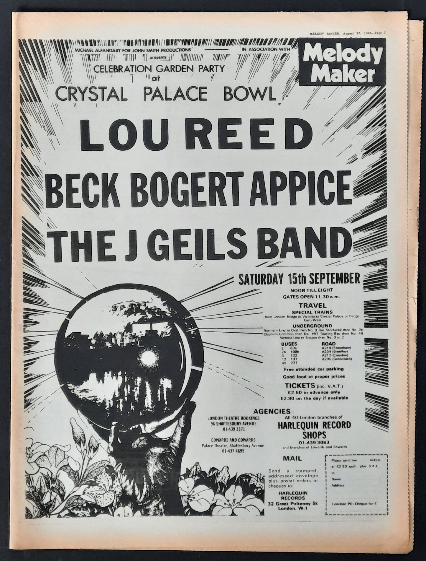 LOU REED / JEFF BECK 1973 Poster/Press Ad Concert "Crystal Palace Bowl"