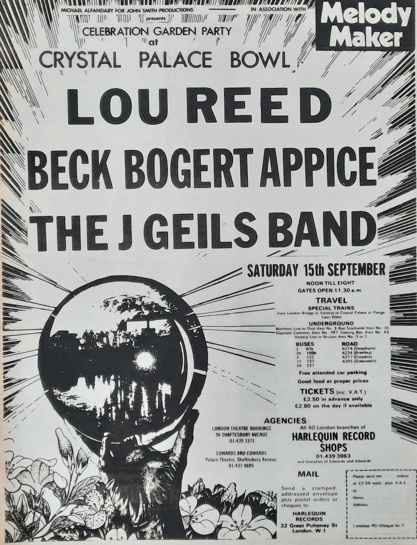 LOU REED / JEFF BECK 1973 Poster/Press Ad Concert "Crystal Palace Bowl"