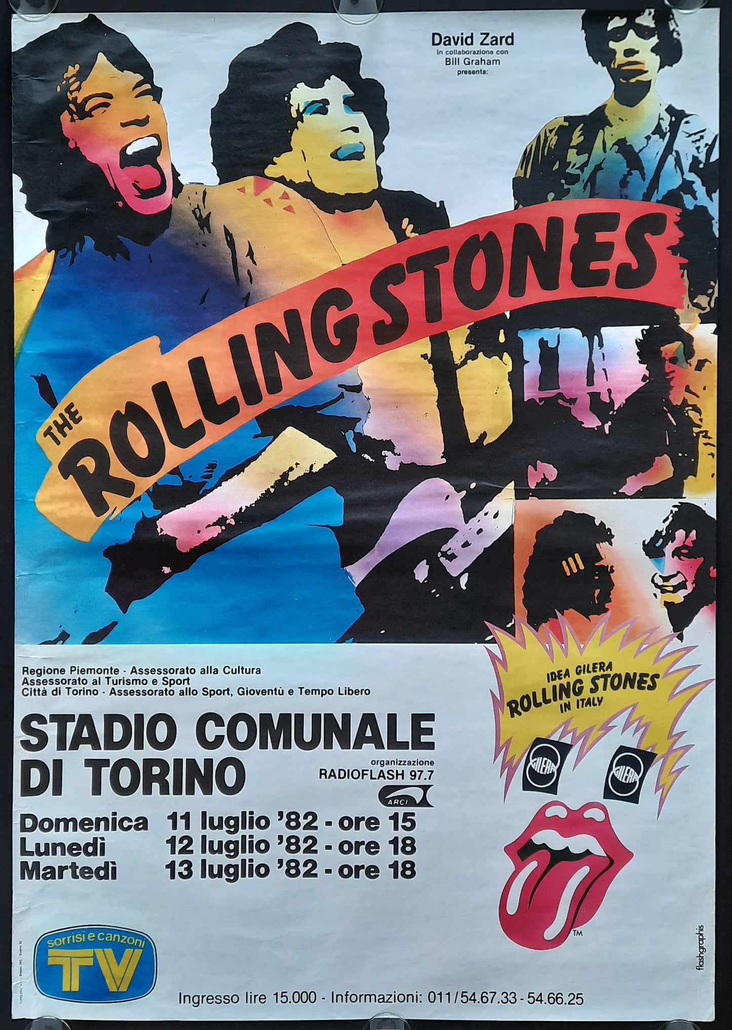 ROLLING STONES 1982 Concert Poster July 11-13th, Turin, Italy 1st print RARE