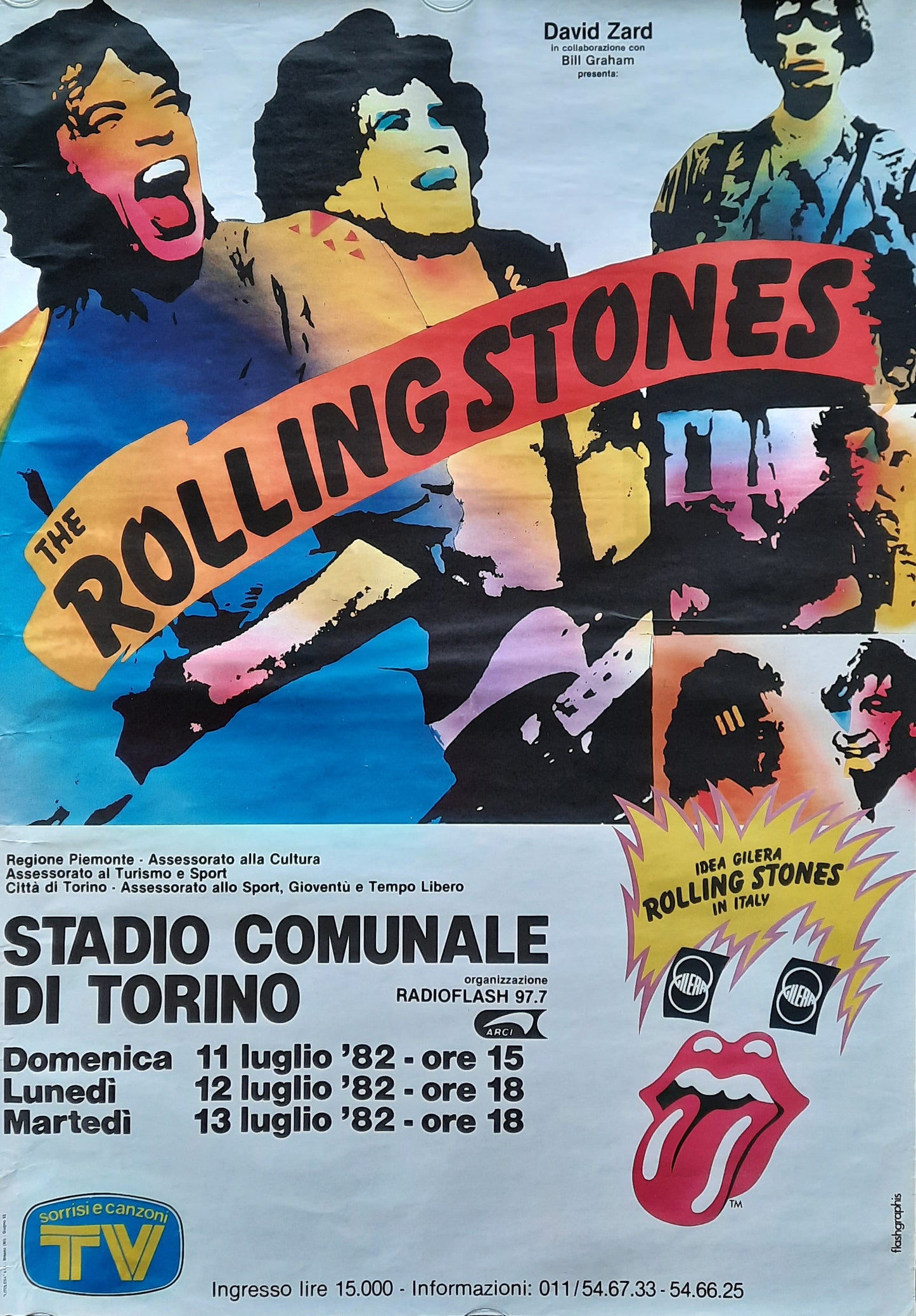 ROLLING STONES 1982 Concert Poster July 11-13th, Turin, Italy 1st print RARE