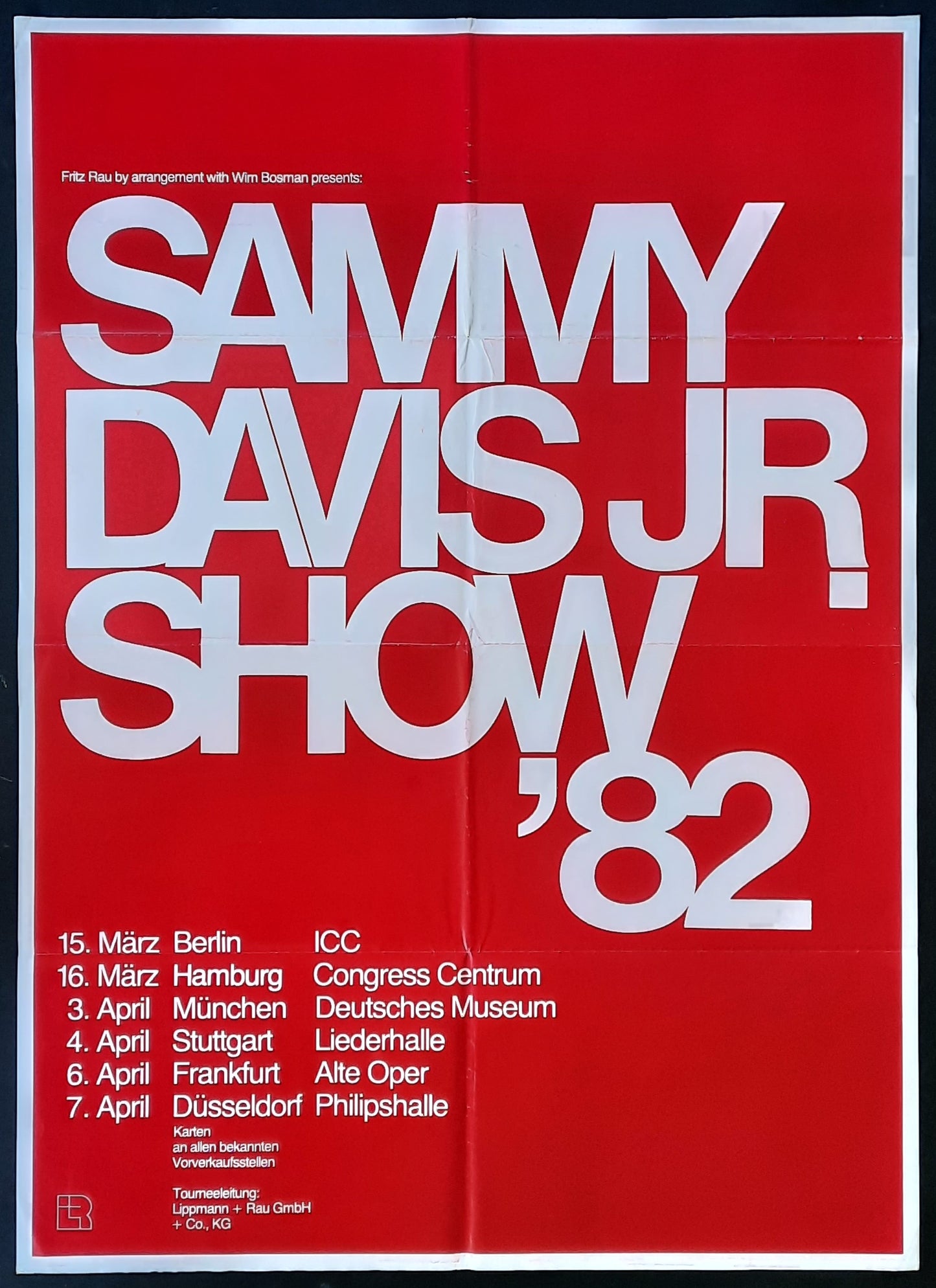 SAMMY DAVIS JR. Original Concert Poster from 1982 Germany featuring show dates and venues.