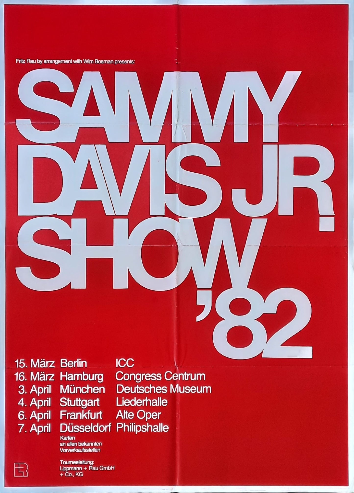 SAMMY DAVIS JR. Original concert poster from 1982 showcasing tour dates in Germany.