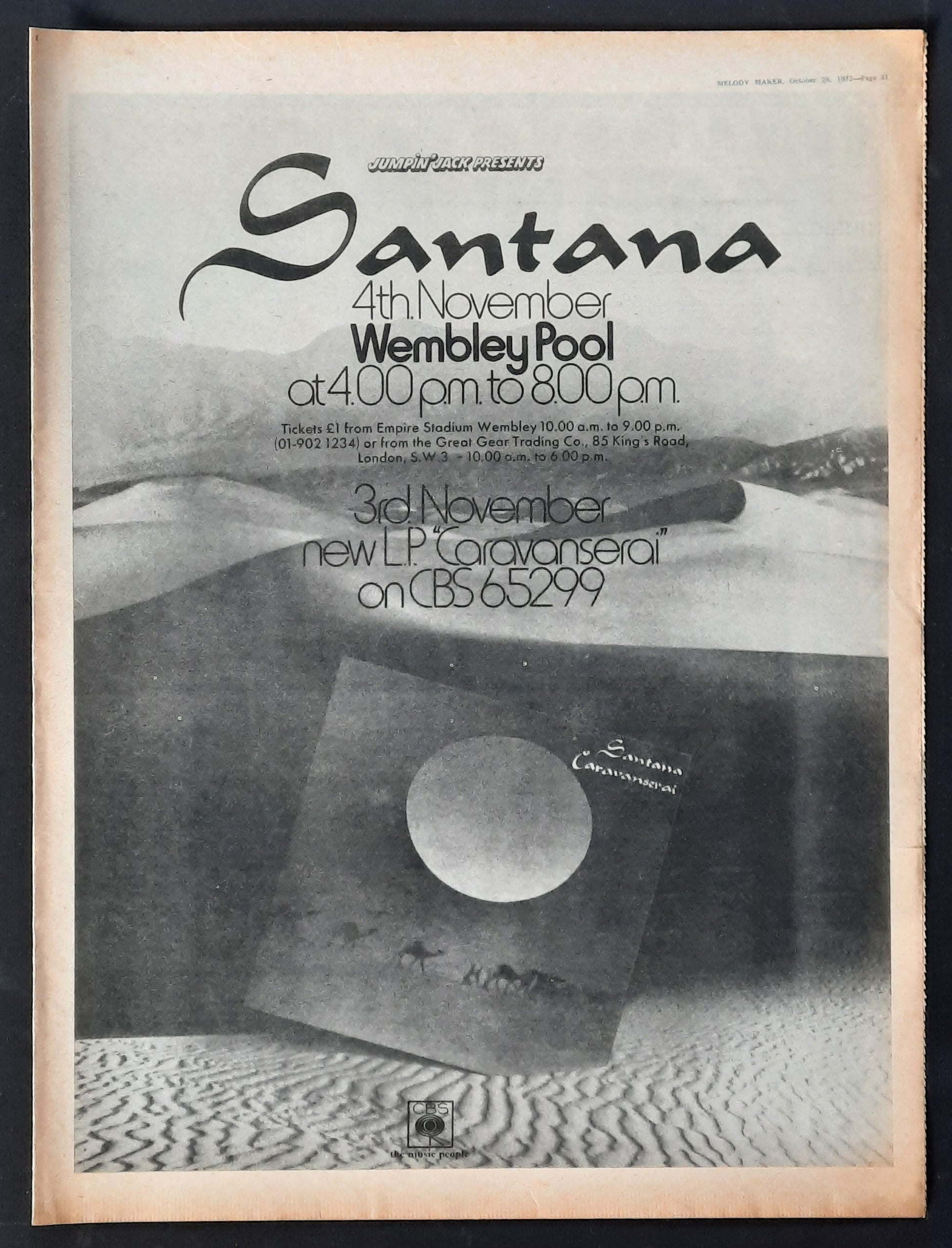 SANTANA Original Poster/Press Ad 1972 Concert "Wembley Pool - Caravanserai" 2