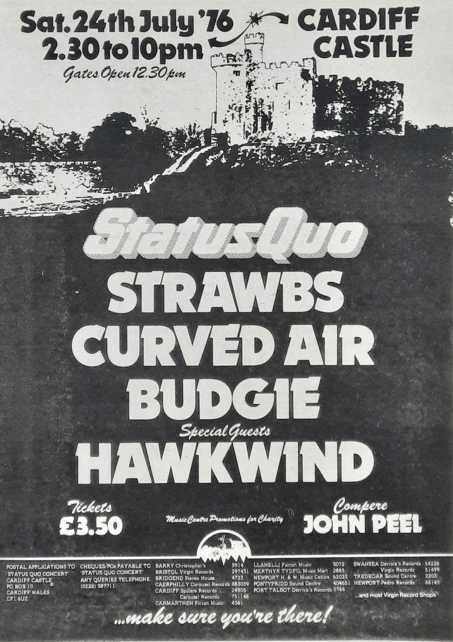 STATUS QUO / HAWKWIND Original Poster/Press Ad 1976 Concert "Cardiff Castle"