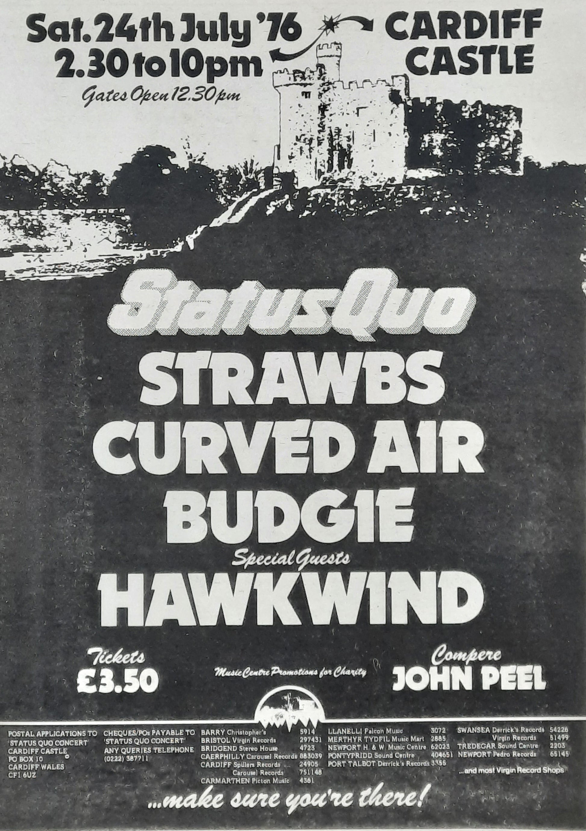 STATUS QUO / HAWKWIND Original Poster/Press Ad 1976 Concert "Cardiff Castle"