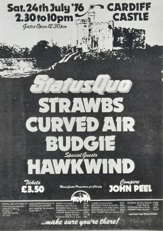 STATUS QUO / HAWKWIND Original Poster/Press Ad 1976 Concert "Cardiff Castle"