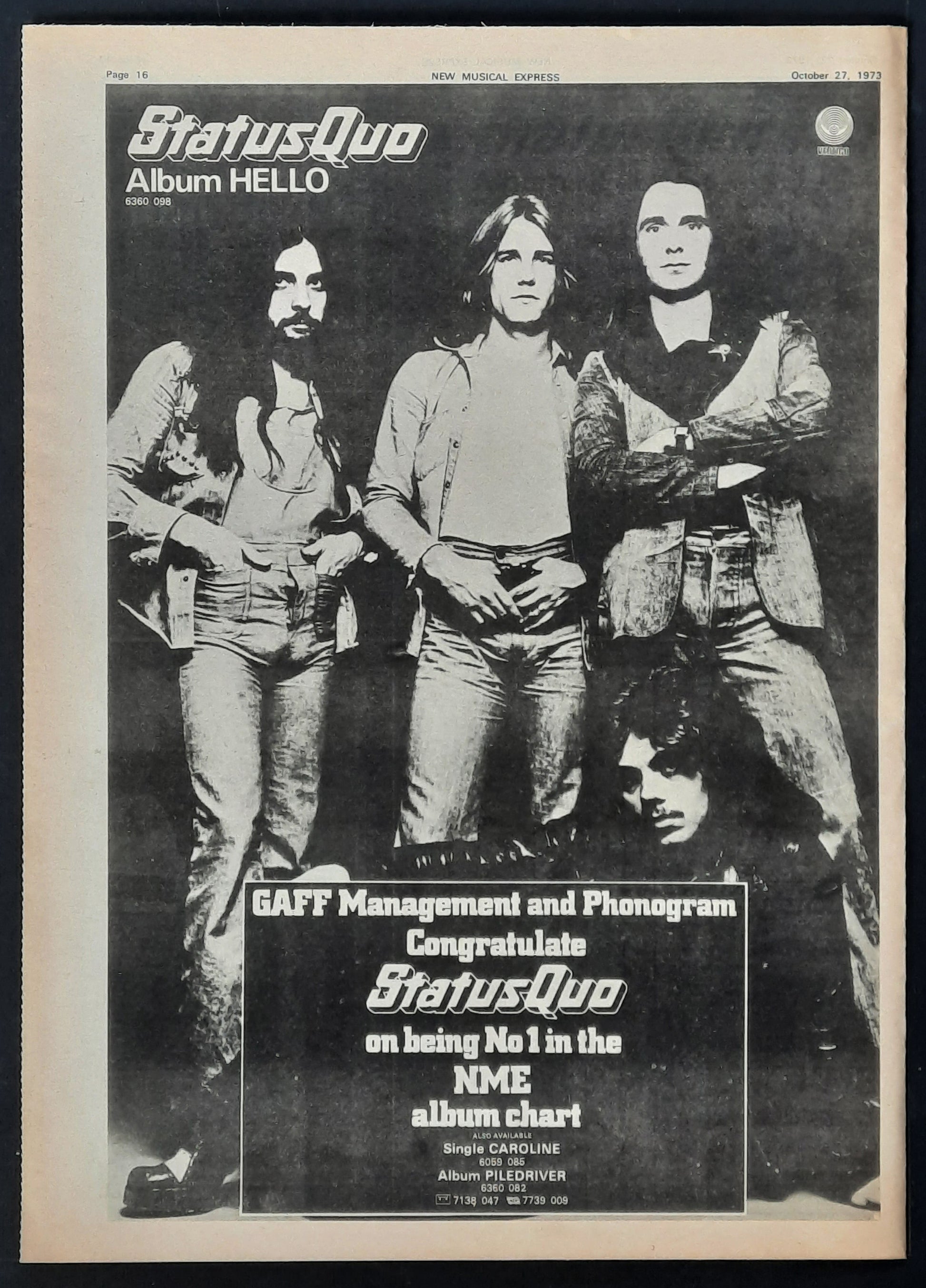 STATUS QUO Original Poster/Press Ad - 1973 Album "Hello" 2