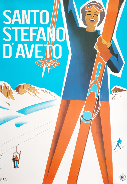 SANTO STEFANO D'AVETO 1955 Poster by M. Puppo Ski Travel Italy Original 27 x 39 inch