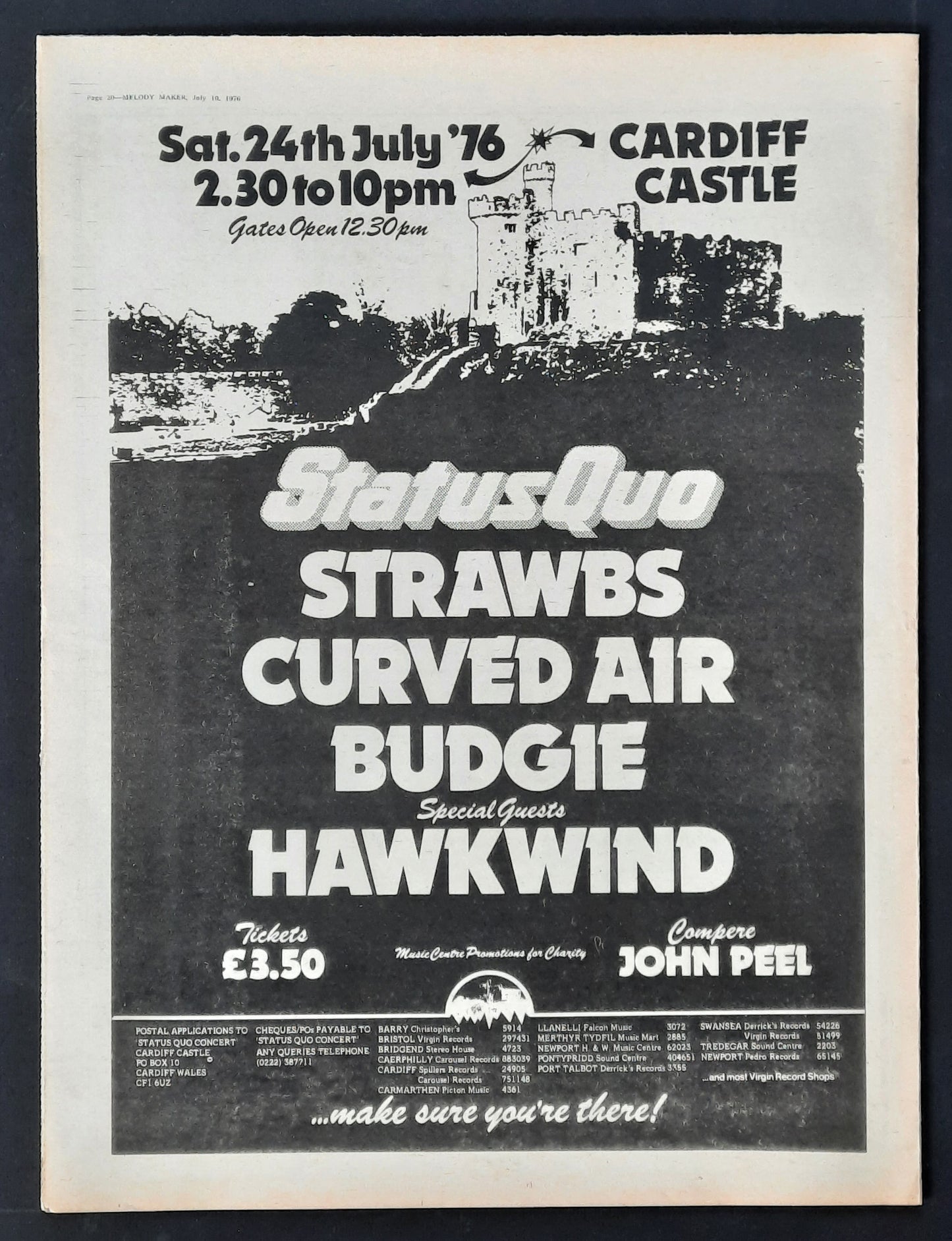 STATUS QUO / HAWKWIND 1976 Poster/Press Ad Concert "Cardiff Castle"