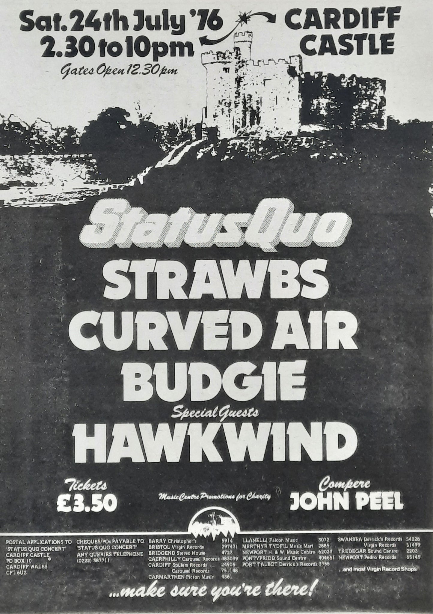 STATUS QUO / HAWKWIND 1976 Poster/Press Ad Concert "Cardiff Castle"