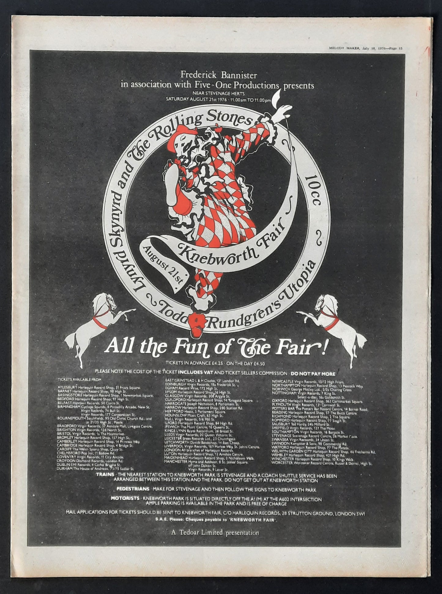 ROLLING STONES 1976 Concert Poster/Press Ad "Knebworth Fair"