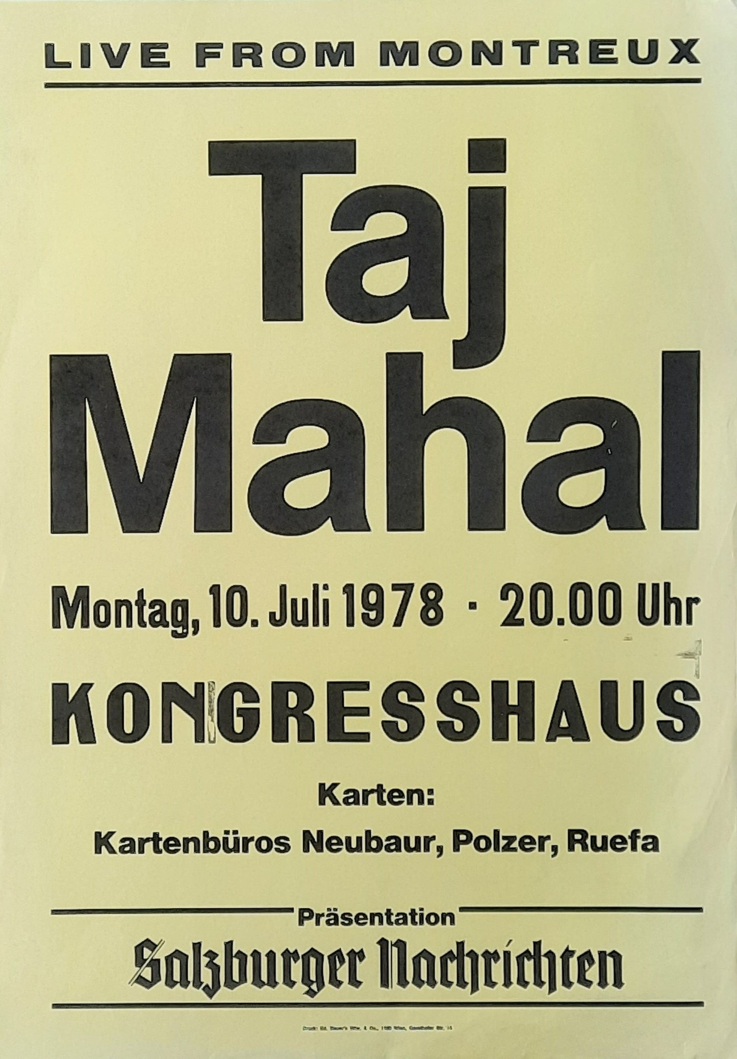 TAJ MAHAL Original Concert Poster July 10, 1978 Salzburg, Austria