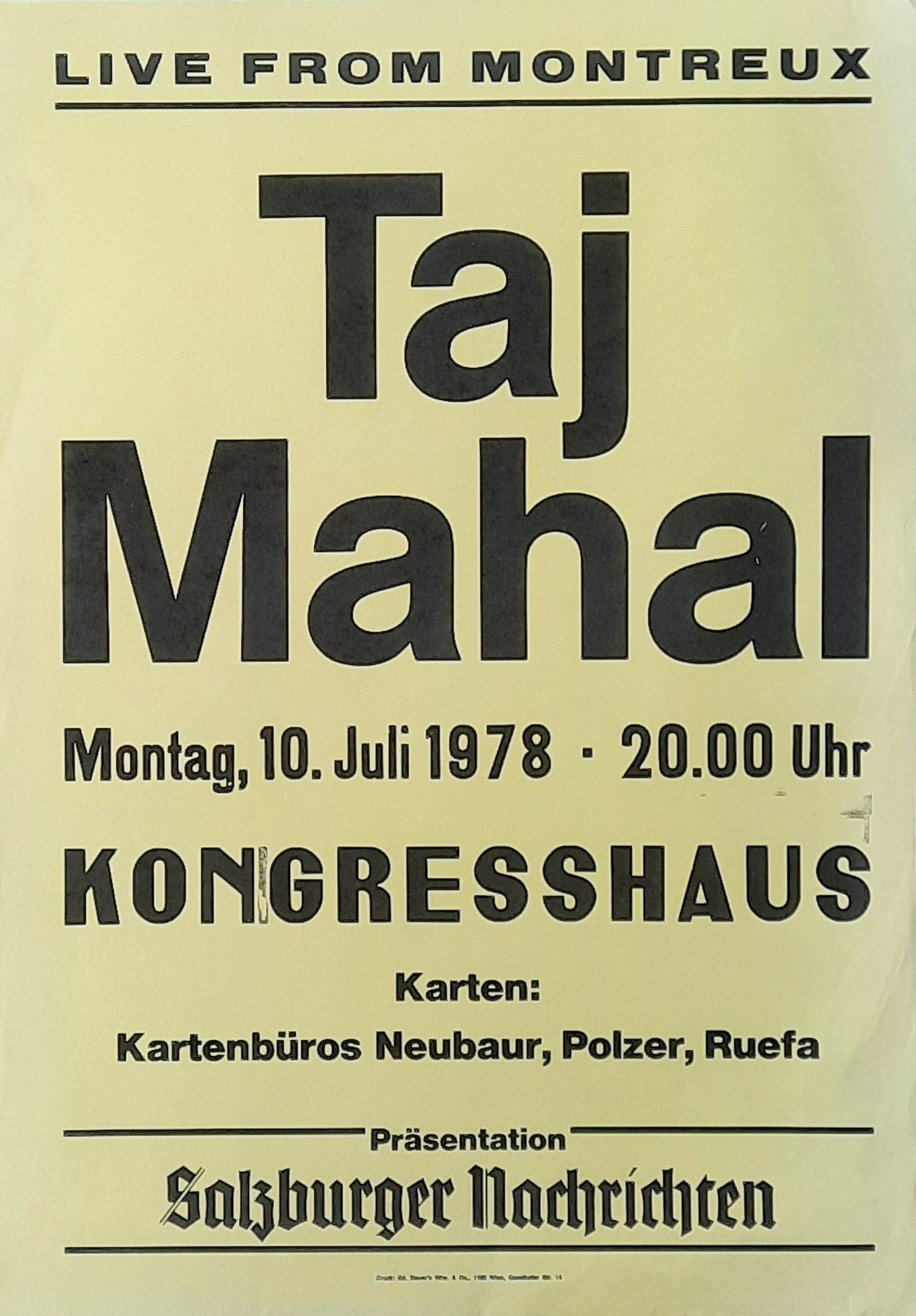 TAJ MAHAL Original Concert Poster July 10, 1978 Salzburg, Austria