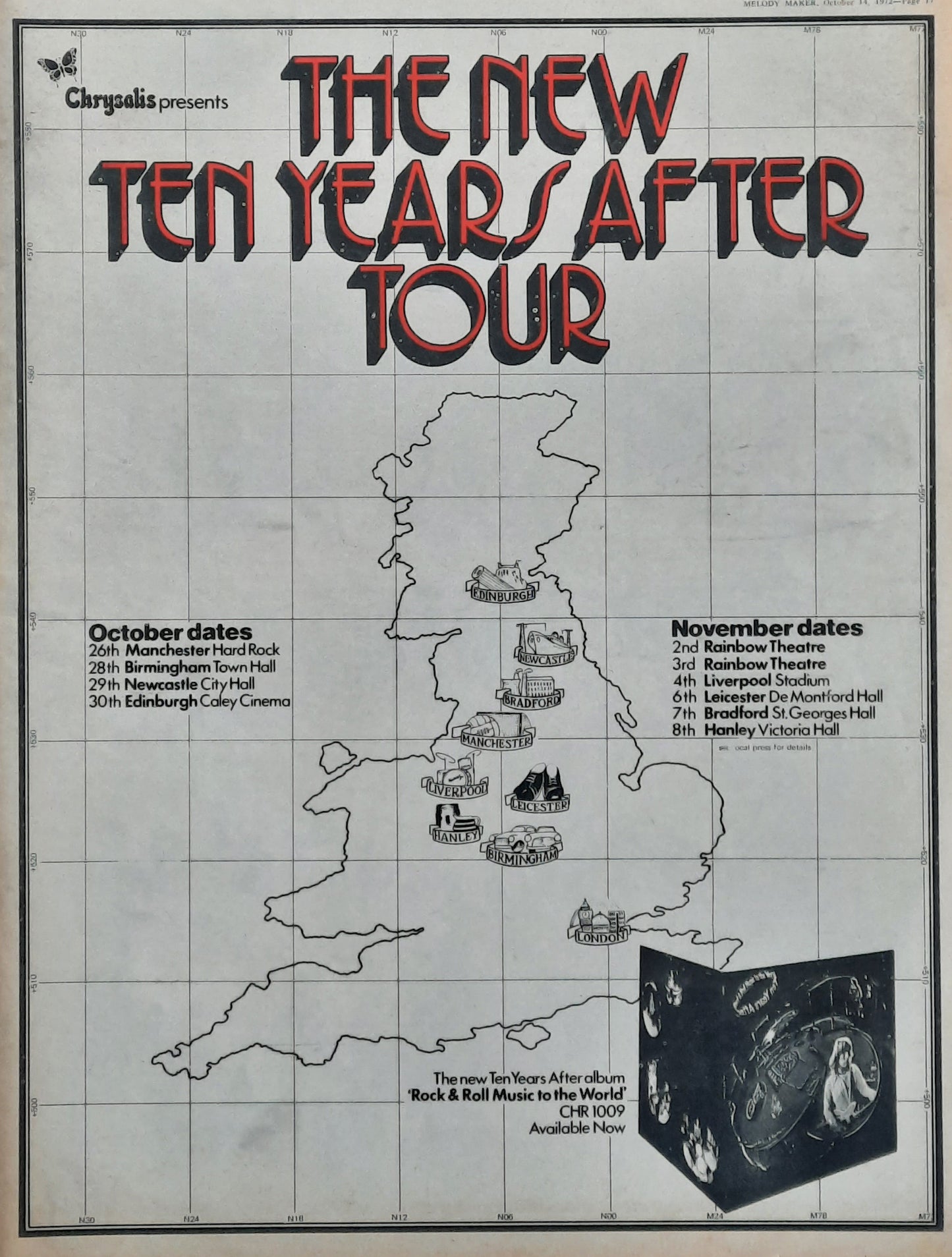 TEN YEARS AFTER Original Poster/Press Ad 1972 UK Tour "Rock & Roll Music..."