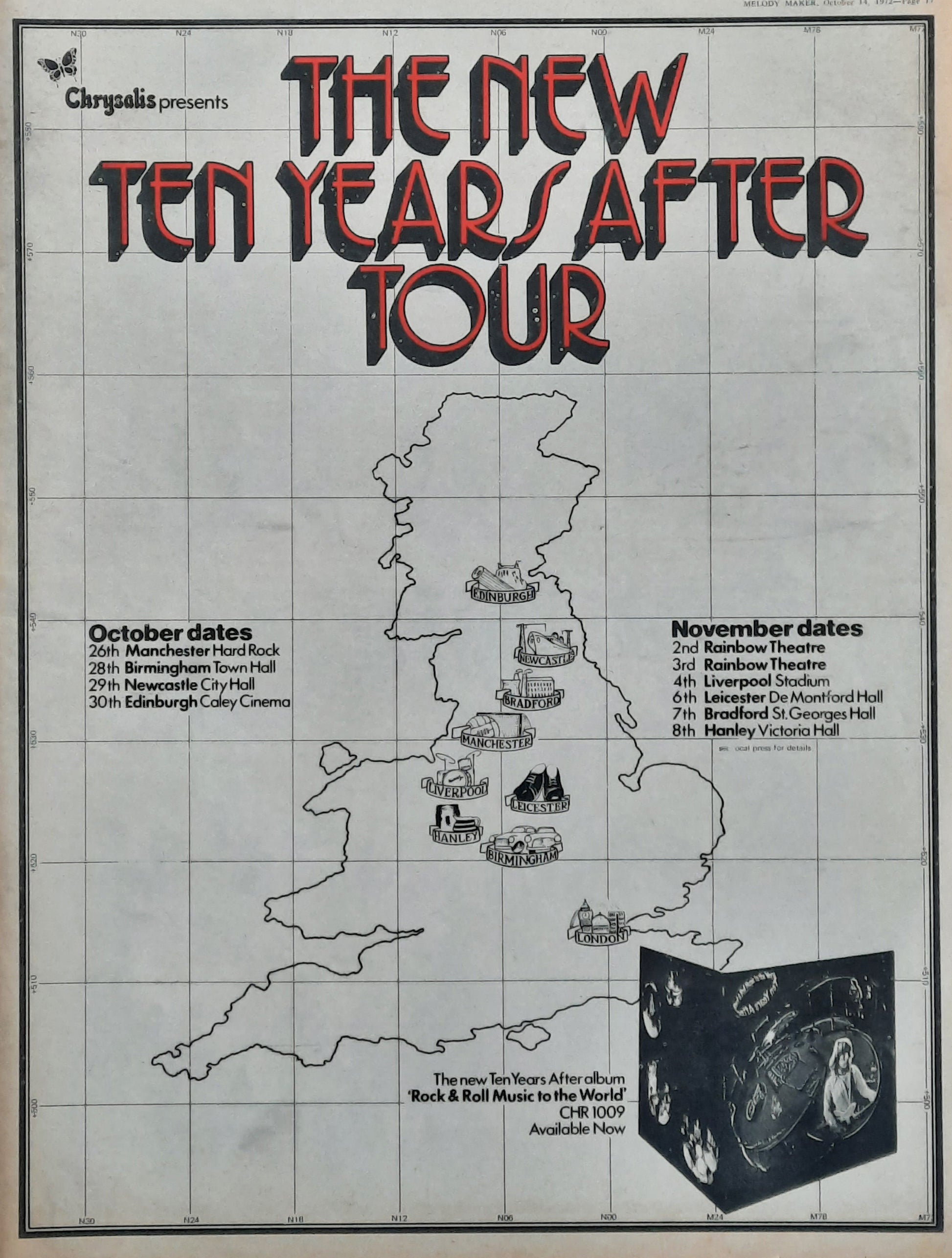 TEN YEARS AFTER Original Poster/Press Ad 1972 UK Tour "Rock & Roll Music..."