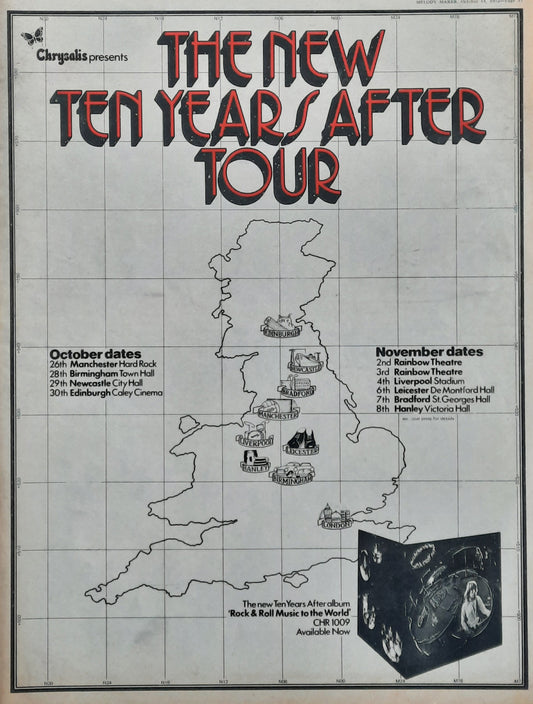 TEN YEARS AFTER Original Poster/Press Ad 1972 UK Tour "Rock & Roll Music..."