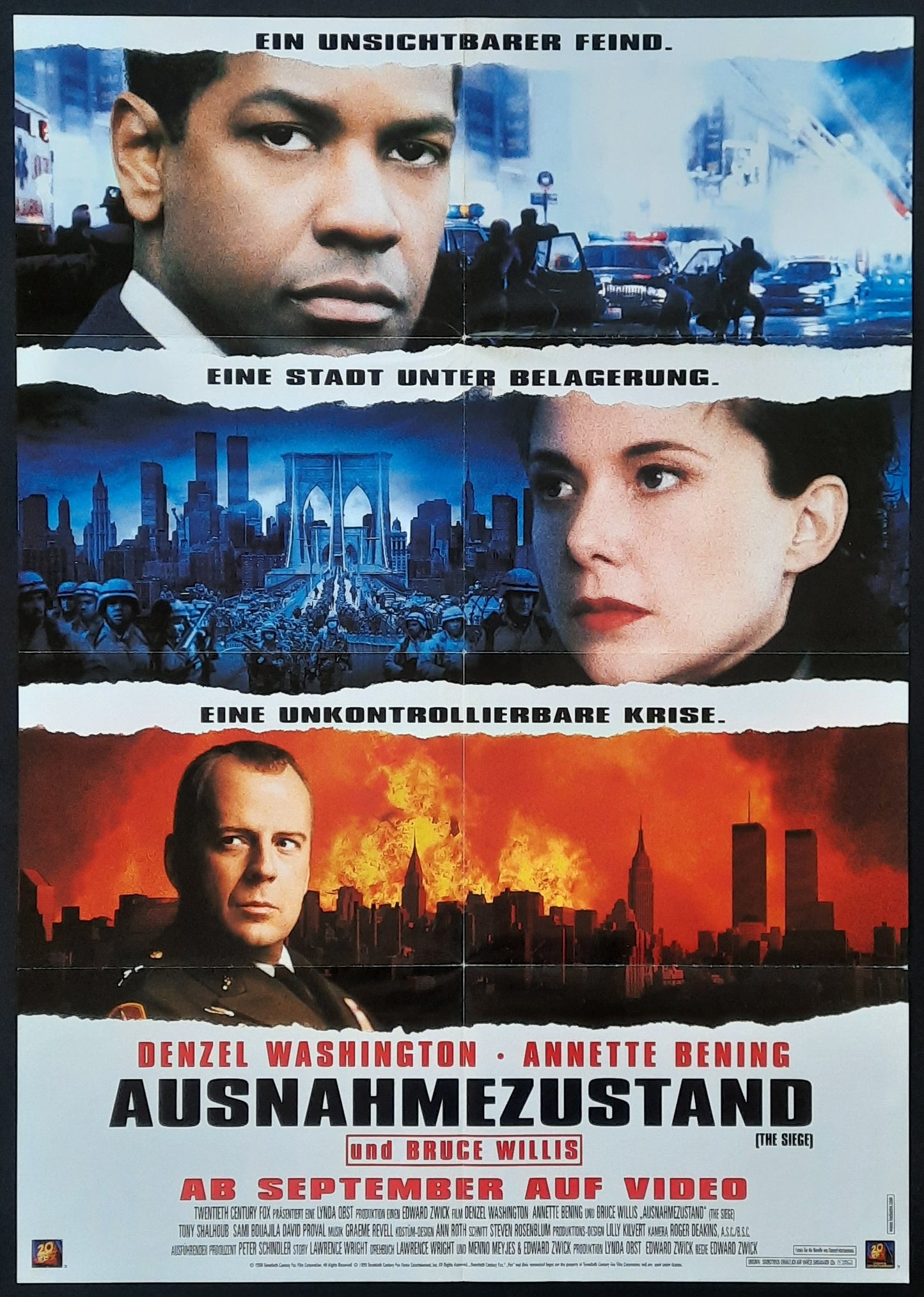 THE SIEGE Original Movie Poster 1998 Denzel Washington Bruce Willis German 1-Sheet Poster